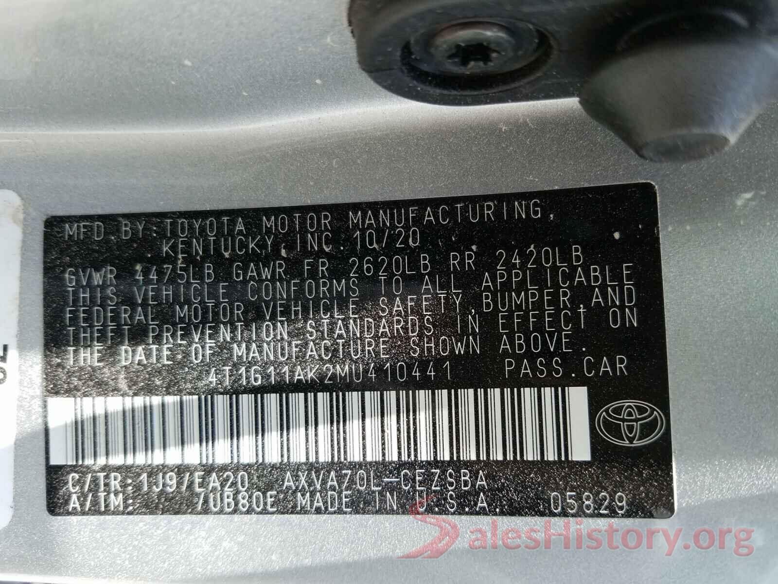 4T1G11AK2MU410441 2021 TOYOTA CAMRY