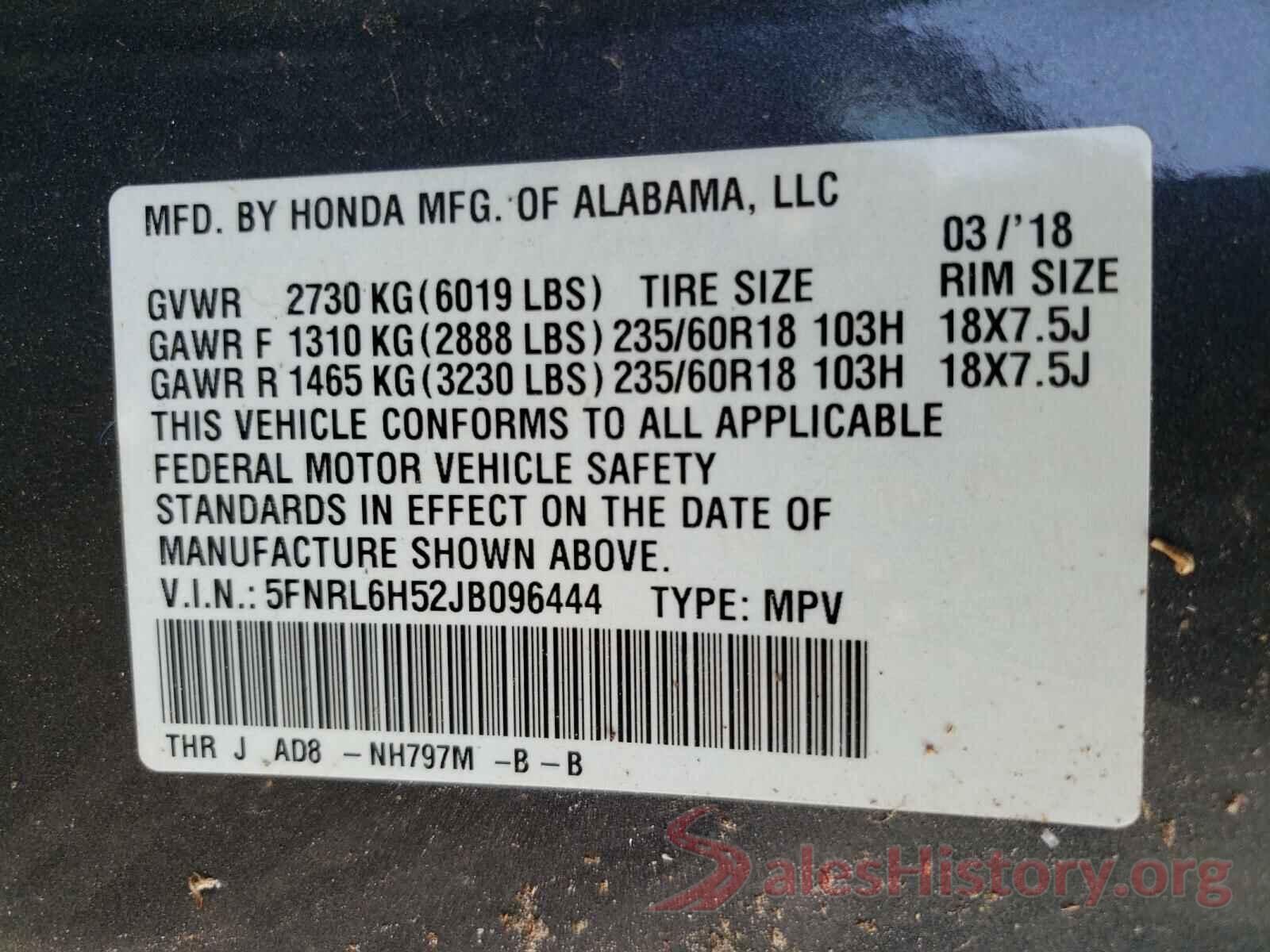 5FNRL6H52JB096444 2018 HONDA ODYSSEY