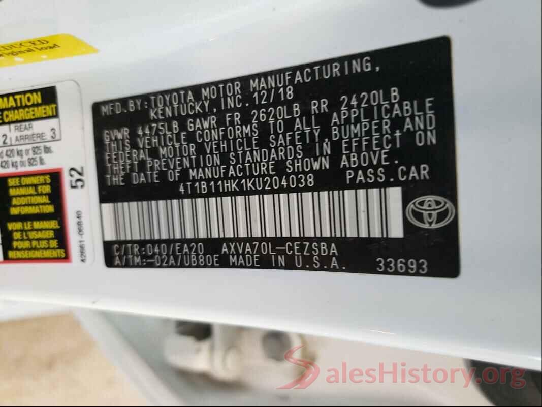 4T1B11HK1KU204038 2019 TOYOTA CAMRY