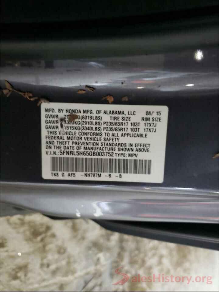 5FNRL5H65GB003752 2016 HONDA ODYSSEY