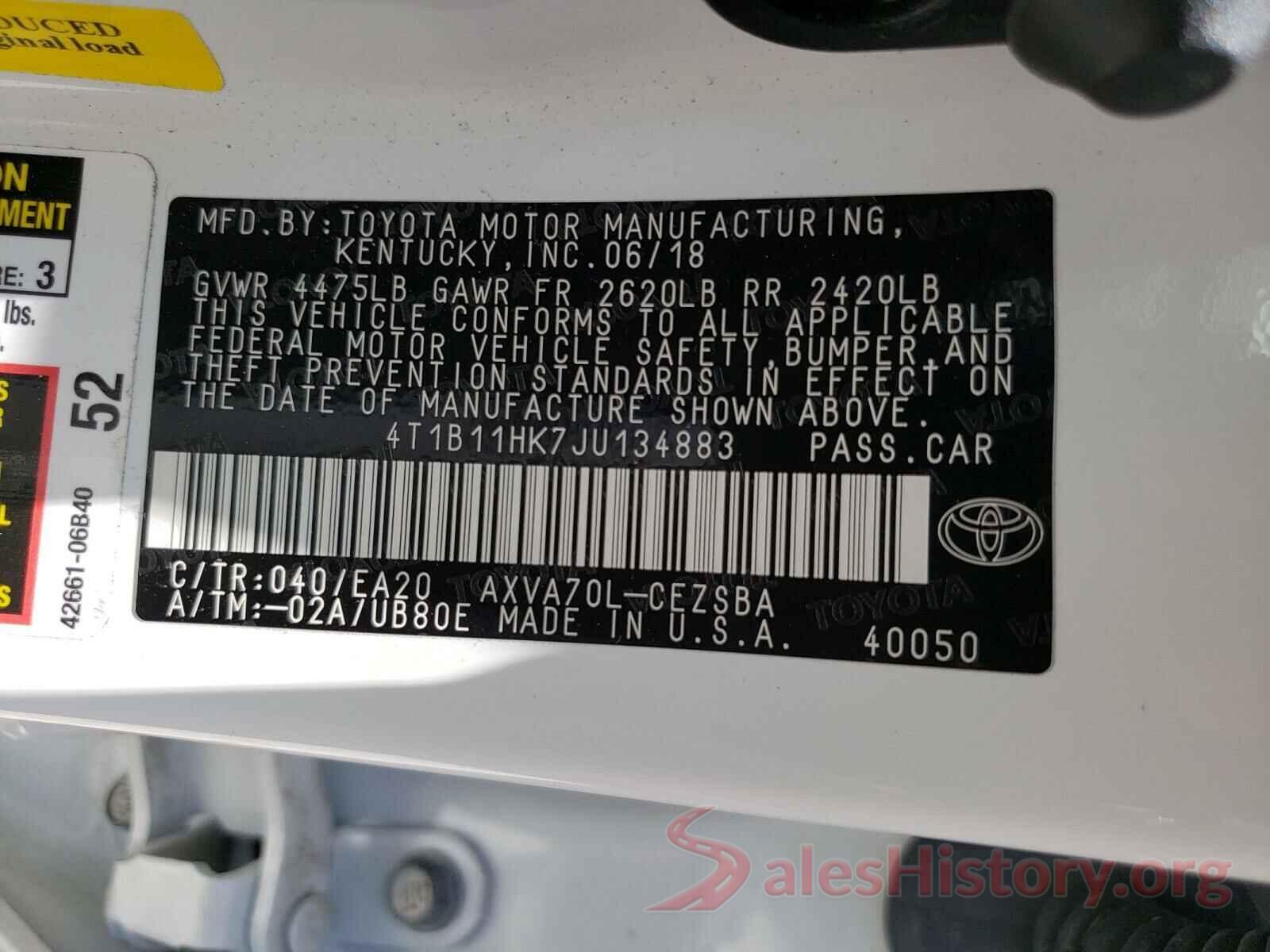 4T1B11HK7JU134883 2018 TOYOTA CAMRY