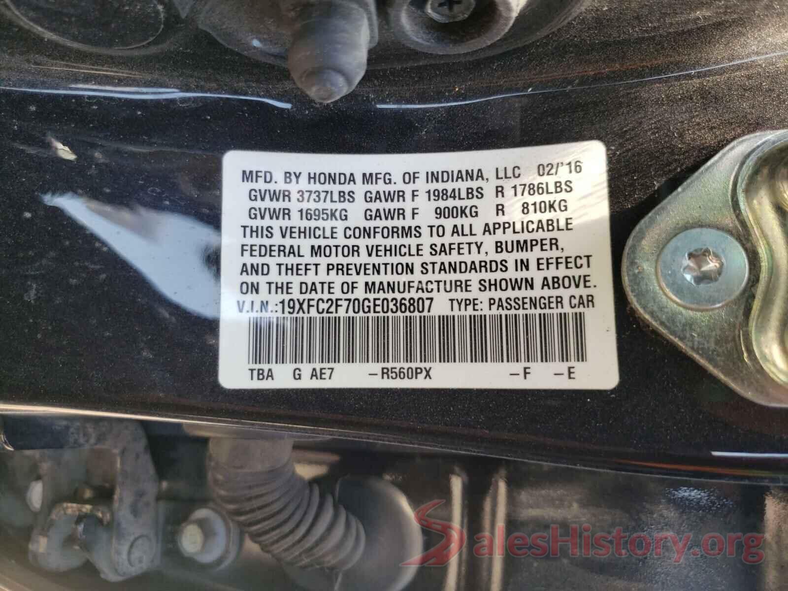 19XFC2F70GE036807 2016 HONDA CIVIC