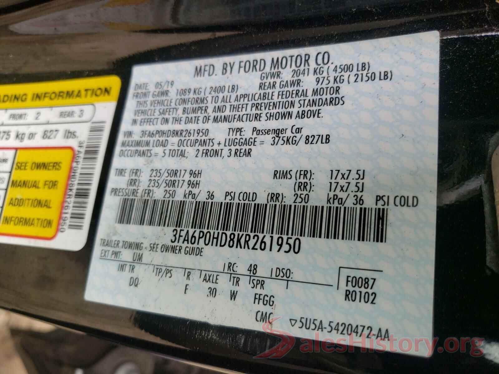 3FA6P0HD8KR261950 2019 FORD FUSION