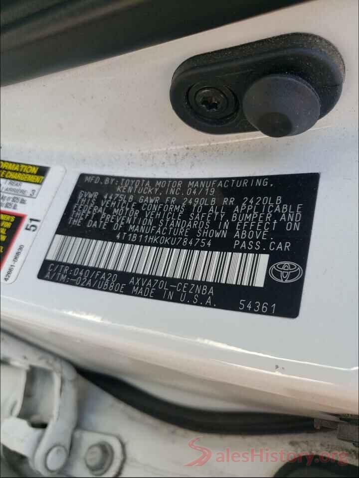 4T1B11HK0KU784754 2019 TOYOTA CAMRY