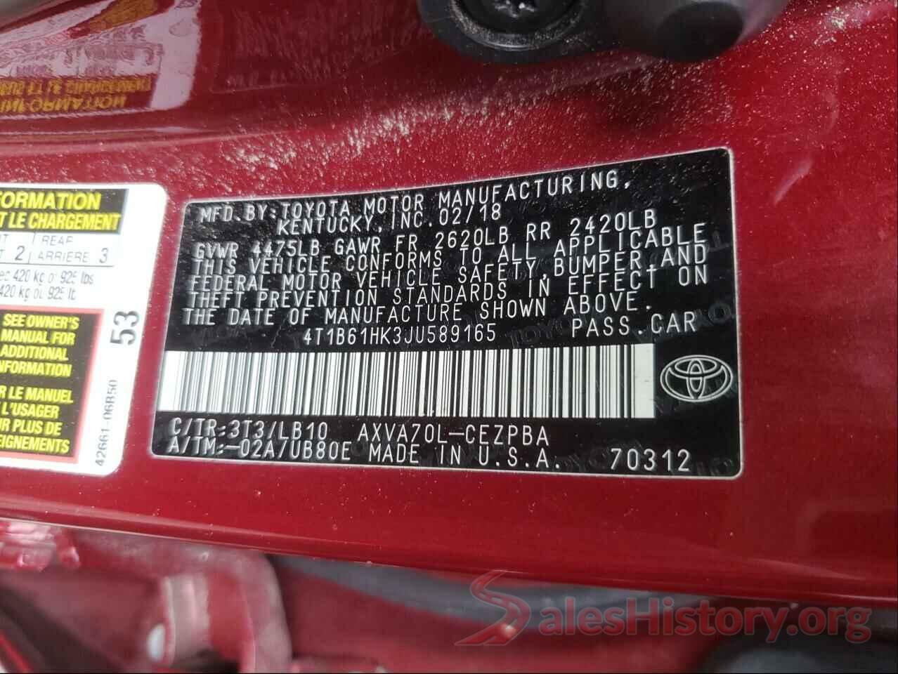 4T1B61HK3JU589165 2018 TOYOTA CAMRY