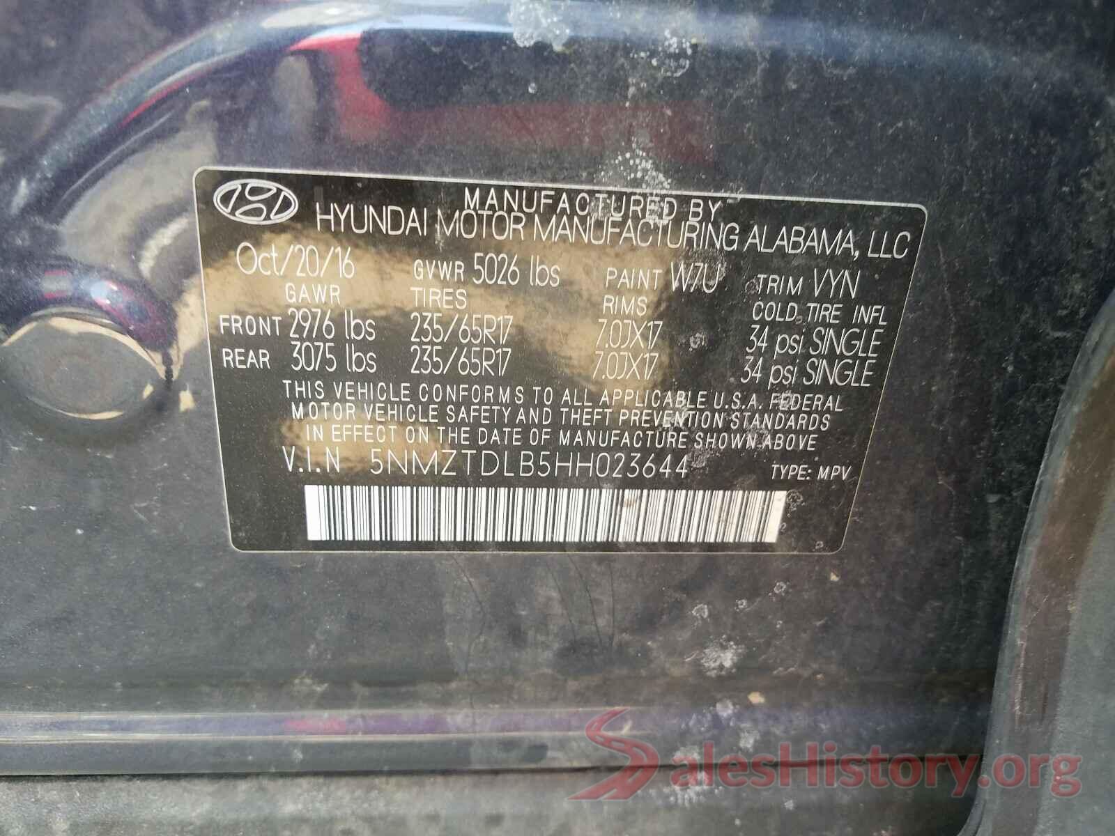 5NMZTDLB5HH023644 2017 HYUNDAI SANTA FE