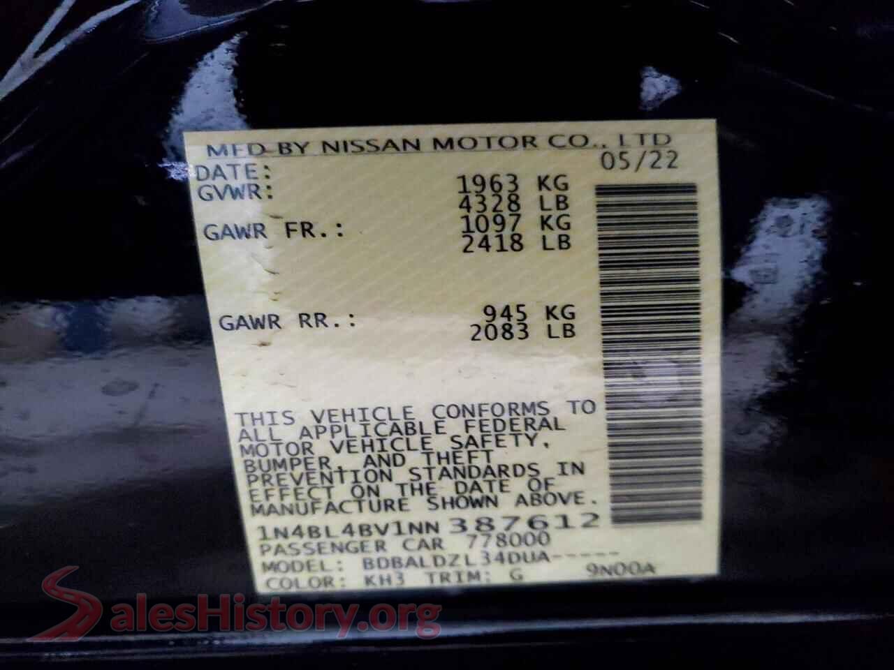 2022 NISSAN ALTIMA VIN 1N4BL4BV1NN387612, wheel and tire
