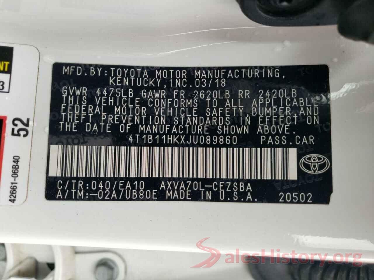 4T1B11HKXJU089860 2018 TOYOTA CAMRY