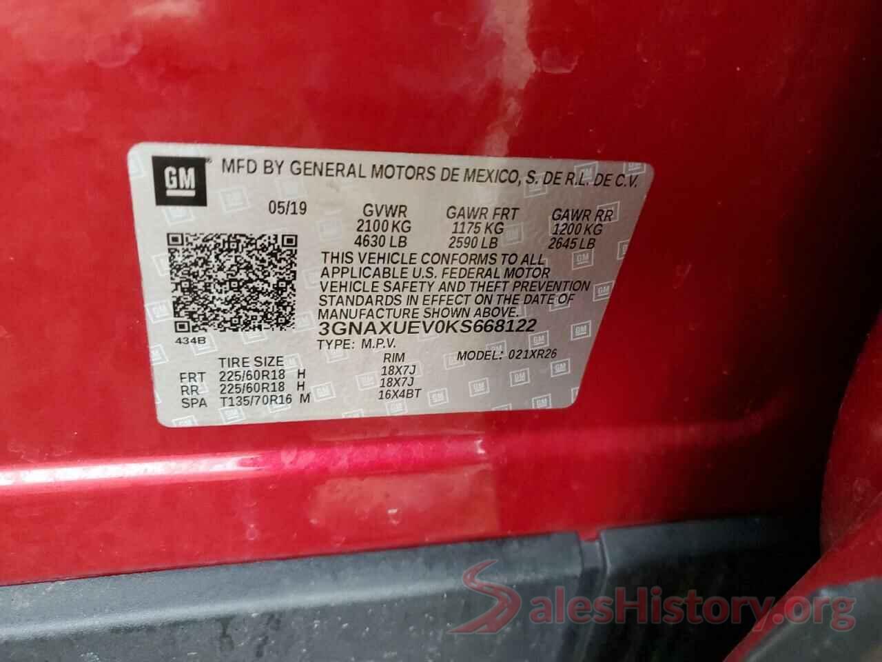 3GNAXUEV0KS668122 2019 CHEVROLET EQUINOX