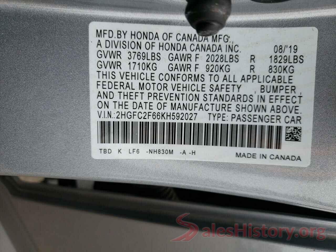 2HGFC2F66KH592027 2019 HONDA CIVIC