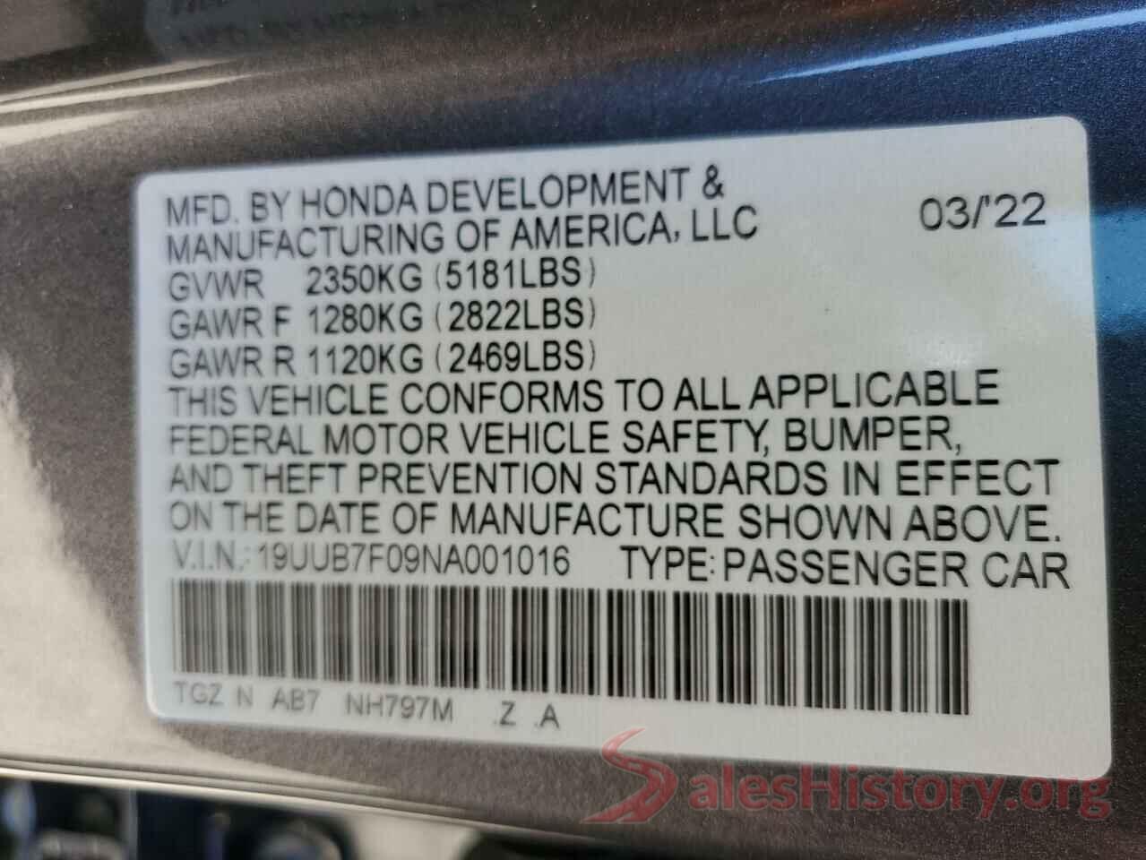 19UUB7F09NA001016 2022 ACURA TLX