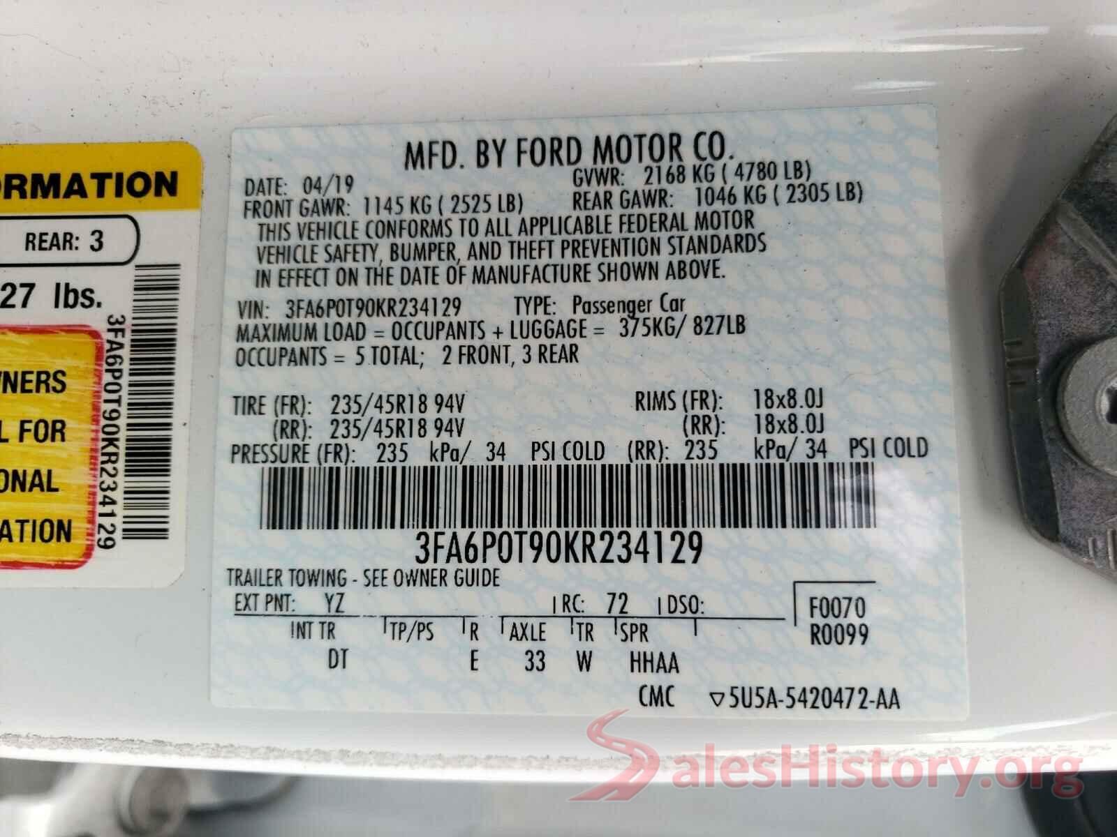 3FA6P0T90KR234129 2019 FORD FUSION