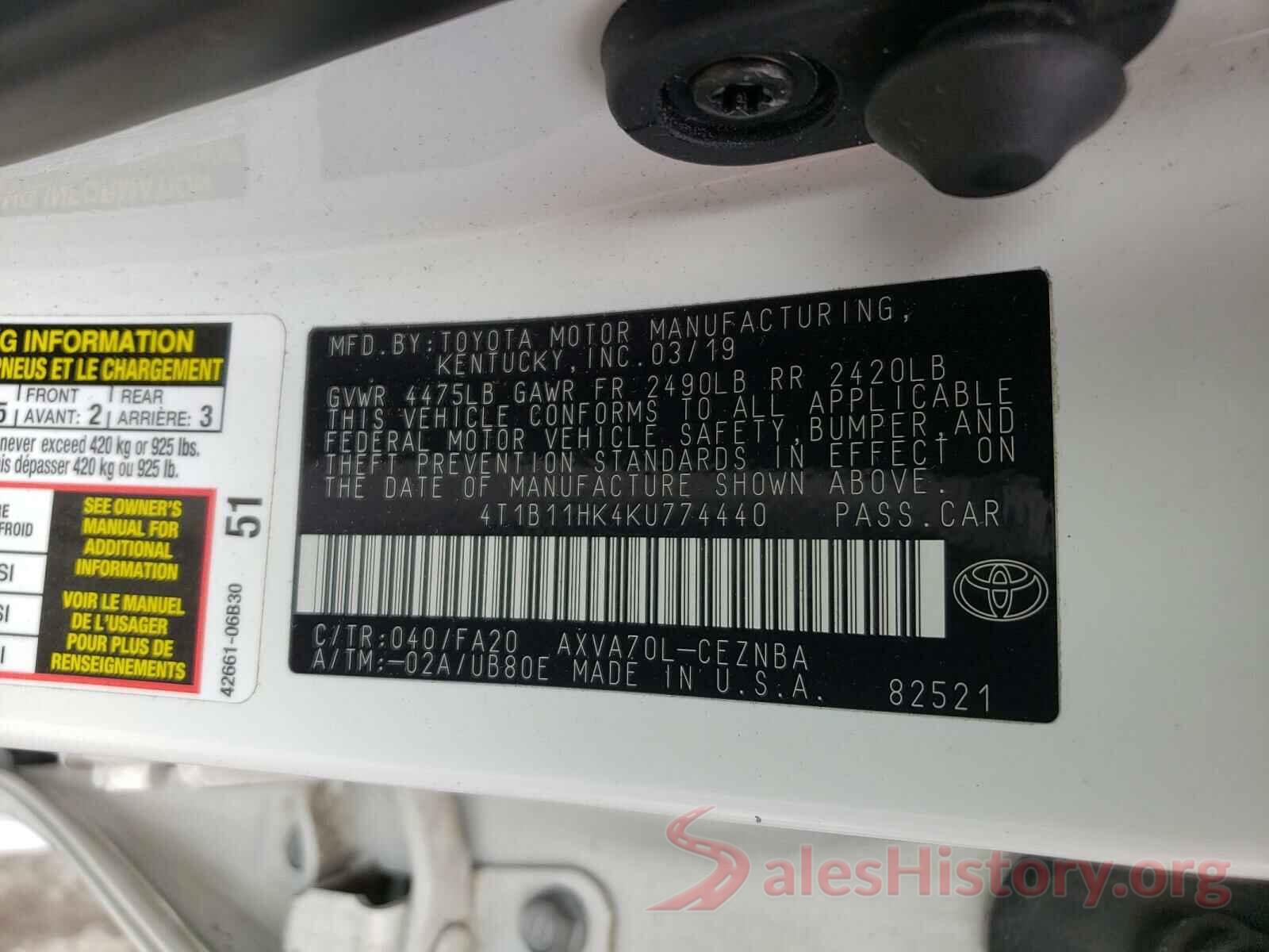 4T1B11HK4KU774440 2019 TOYOTA CAMRY