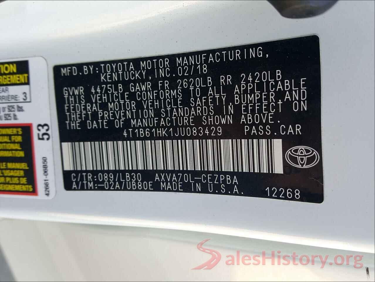 4T1B61HK1JU083429 2018 TOYOTA CAMRY