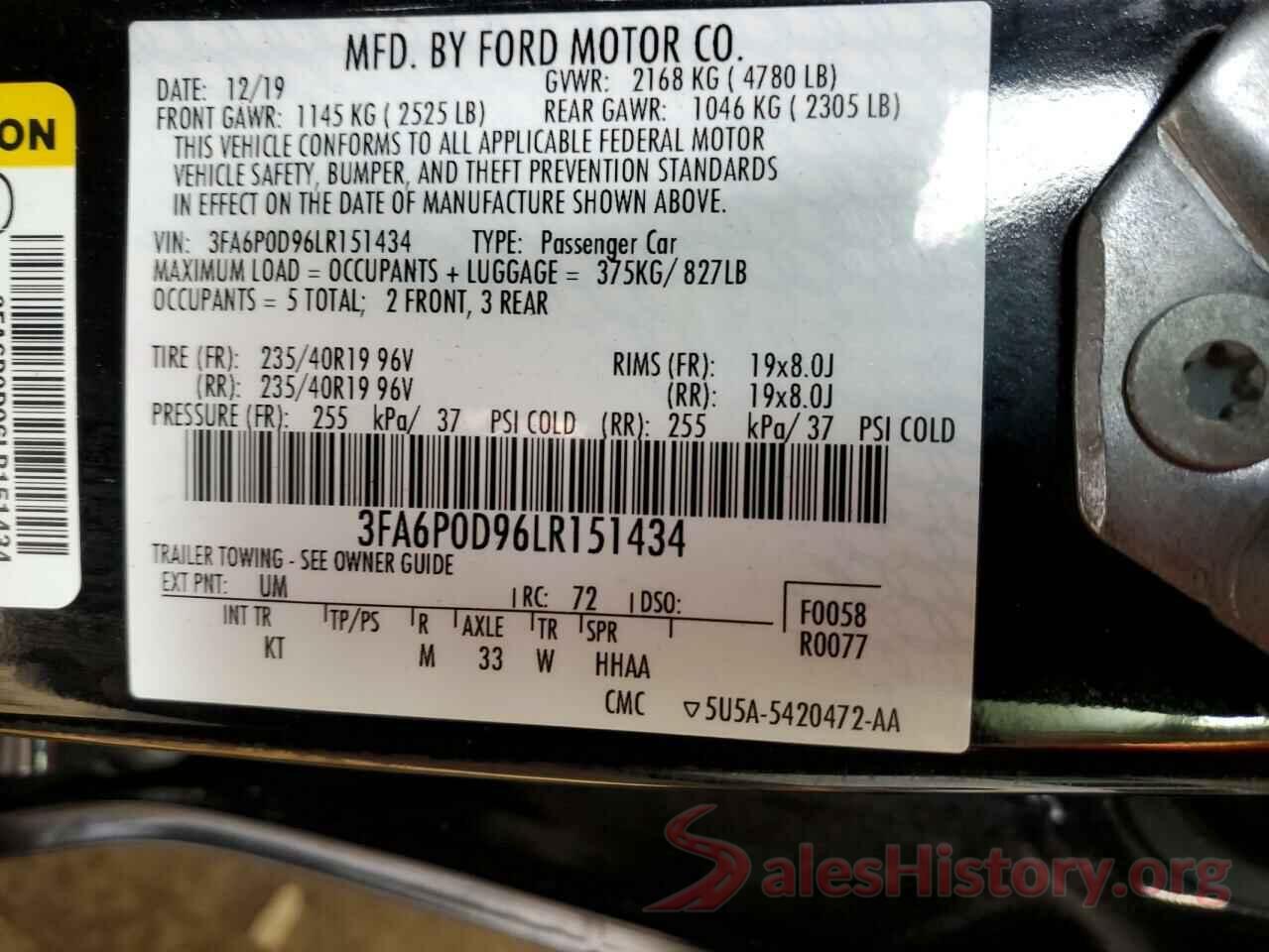 3FA6P0D96LR151434 2020 FORD FUSION