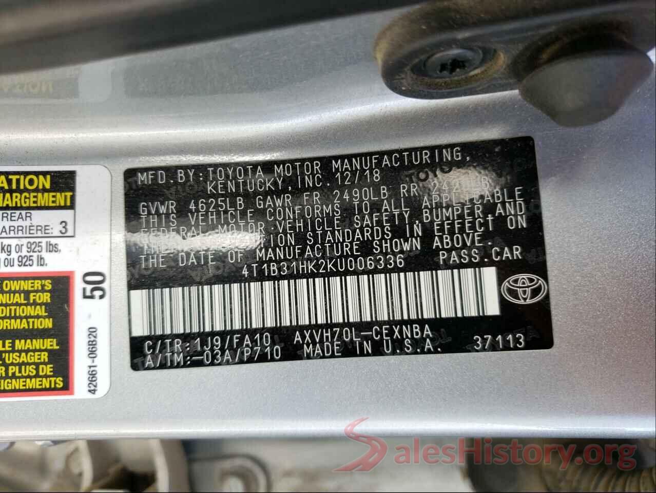 4T1B31HK2KU006336 2019 TOYOTA CAMRY