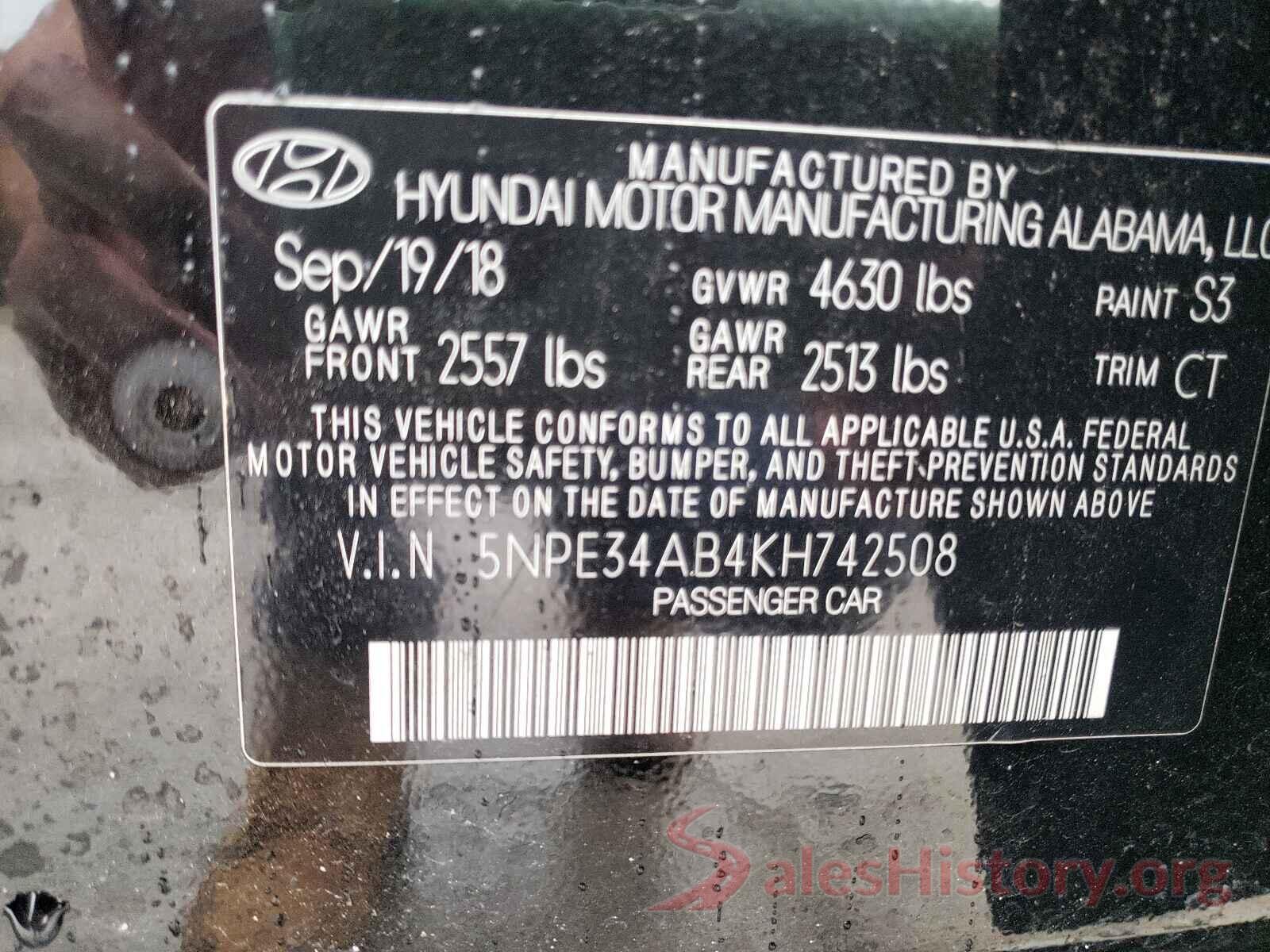 5NPE34AB4KH742508 2019 HYUNDAI SONATA