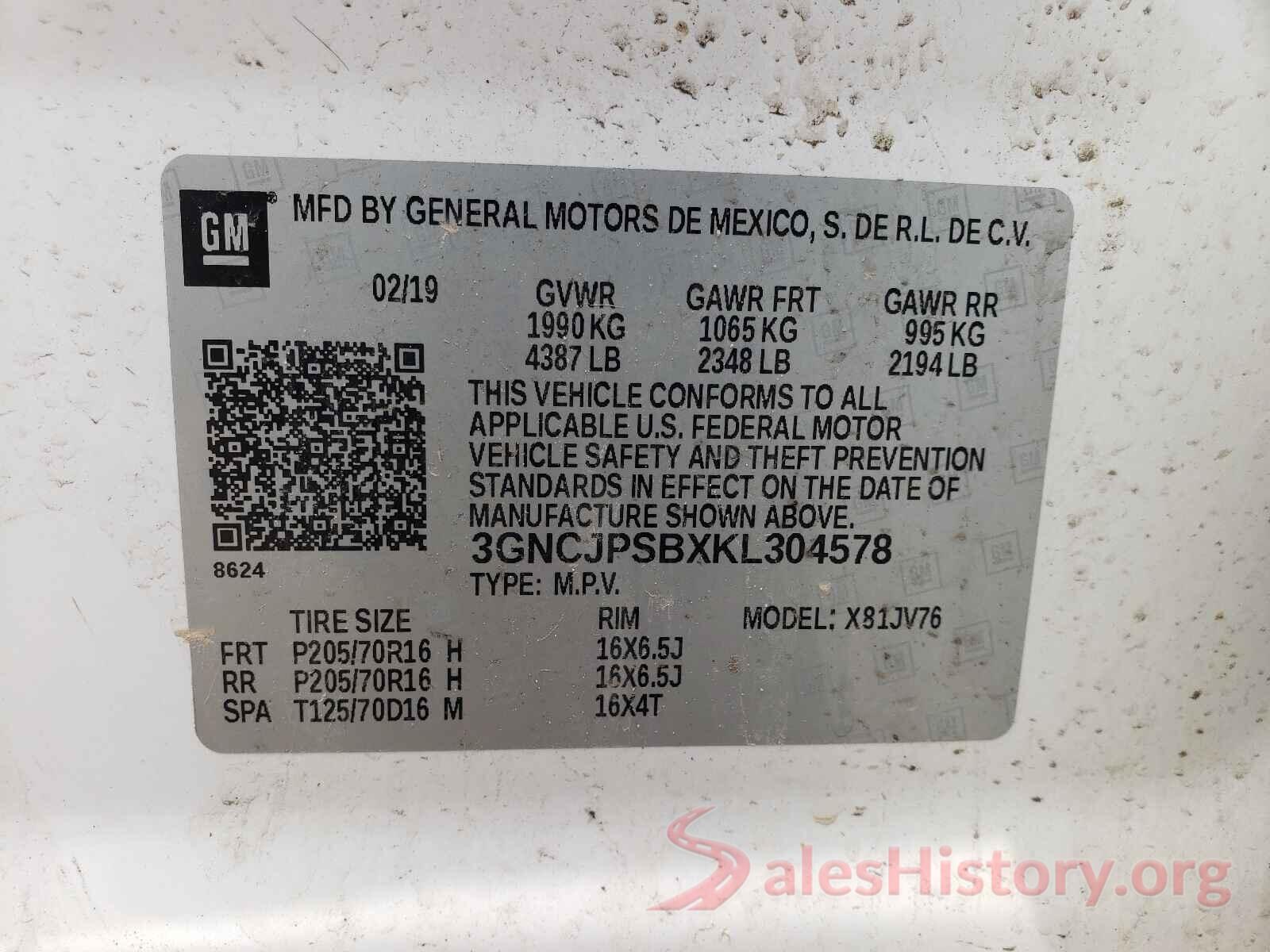 3GNCJPSBXKL304578 2019 CHEVROLET TRAX