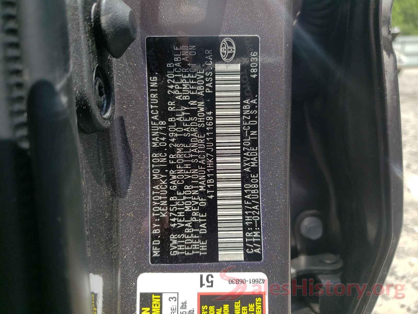 4T1B11HK7JU111684 2018 TOYOTA CAMRY