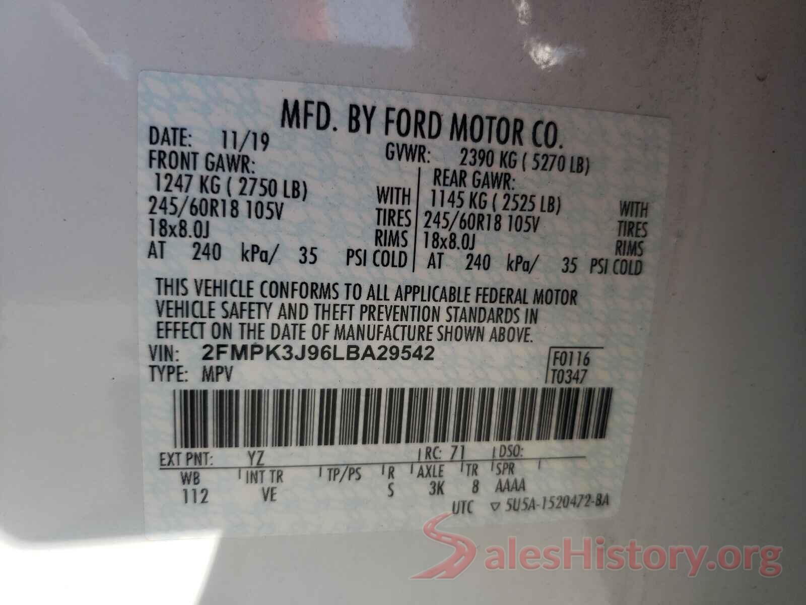 2FMPK3J96LBA29542 2020 FORD EDGE