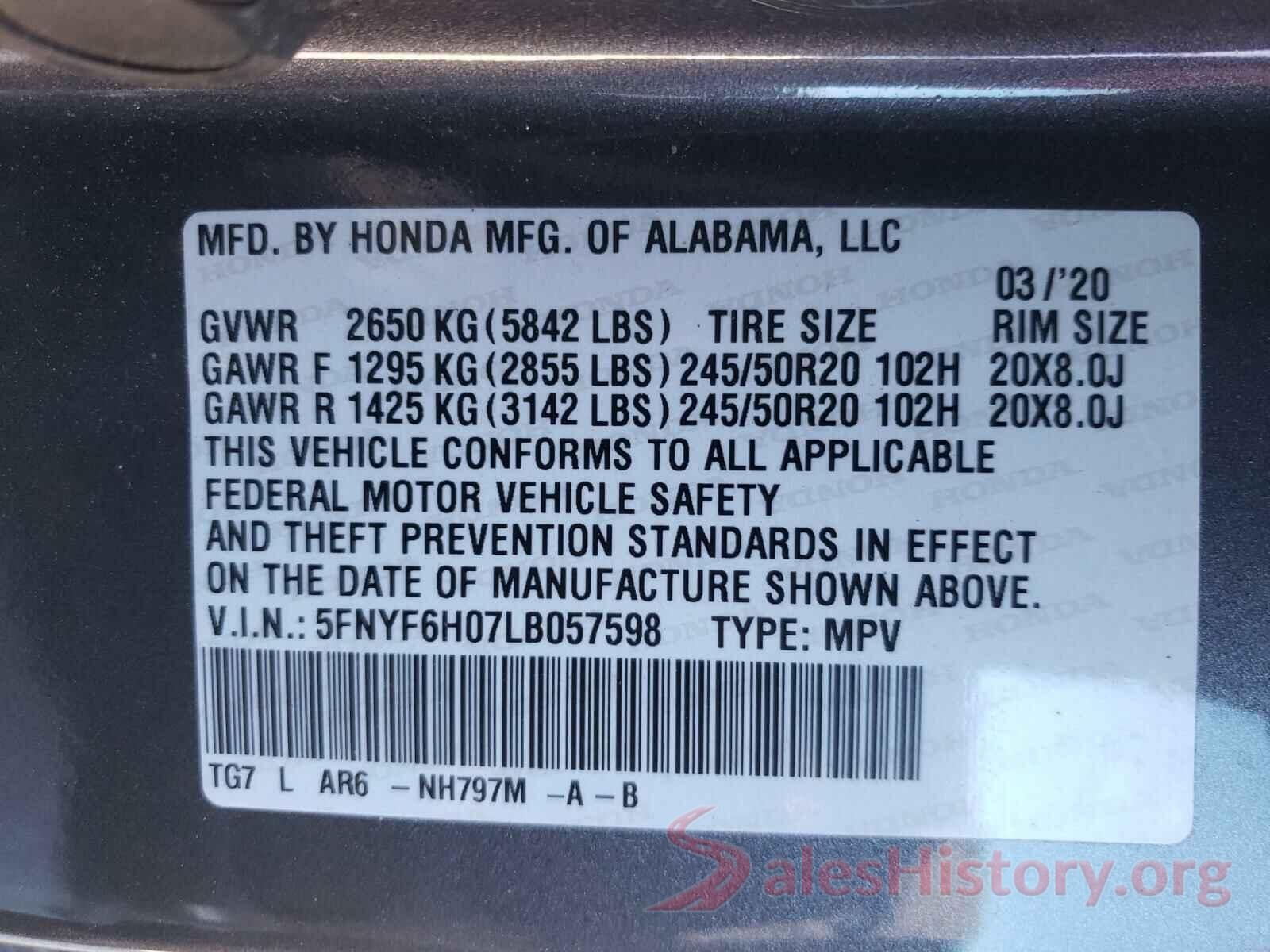 5FNYF6H07LB057598 2020 HONDA PILOT