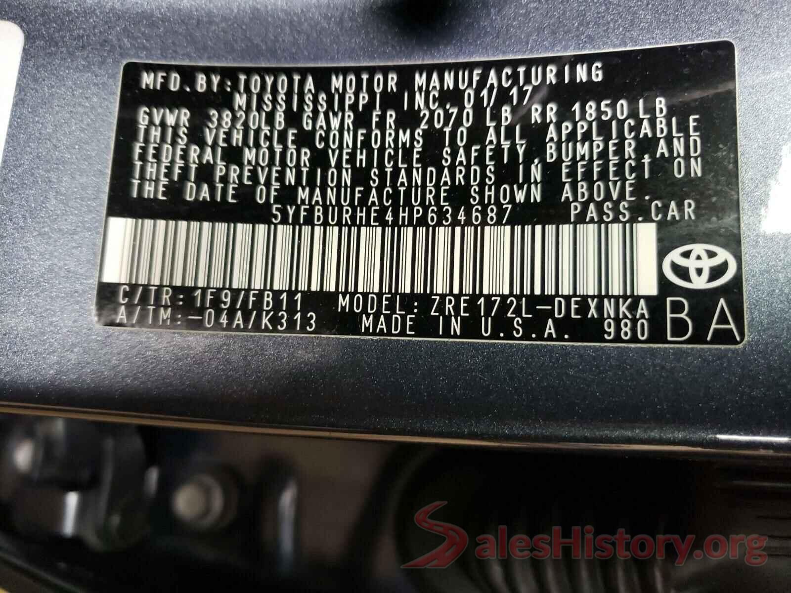 5YFBURHE4HP634687 2017 TOYOTA COROLLA