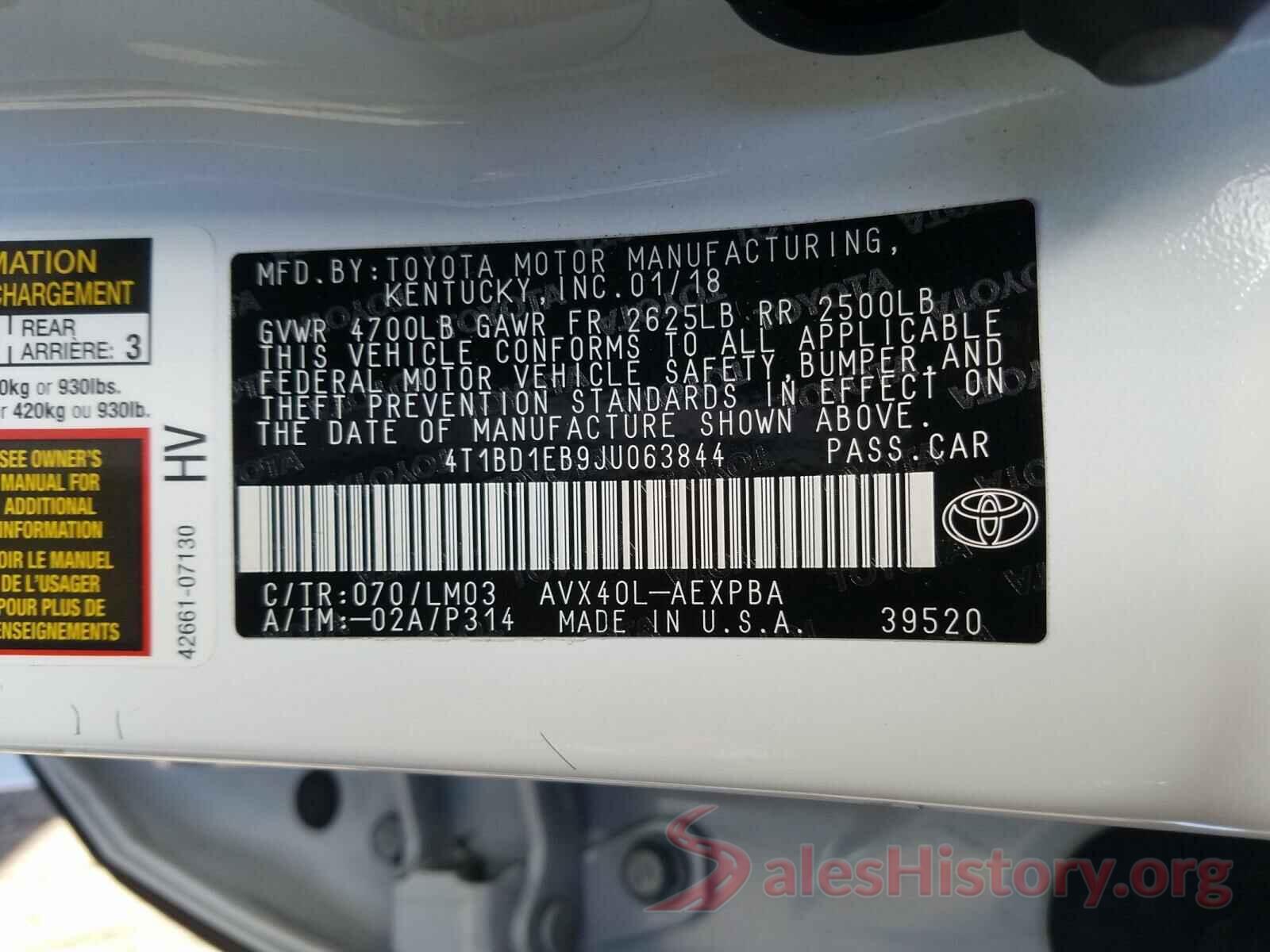 4T1BD1EB9JU063844 2018 TOYOTA AVALON