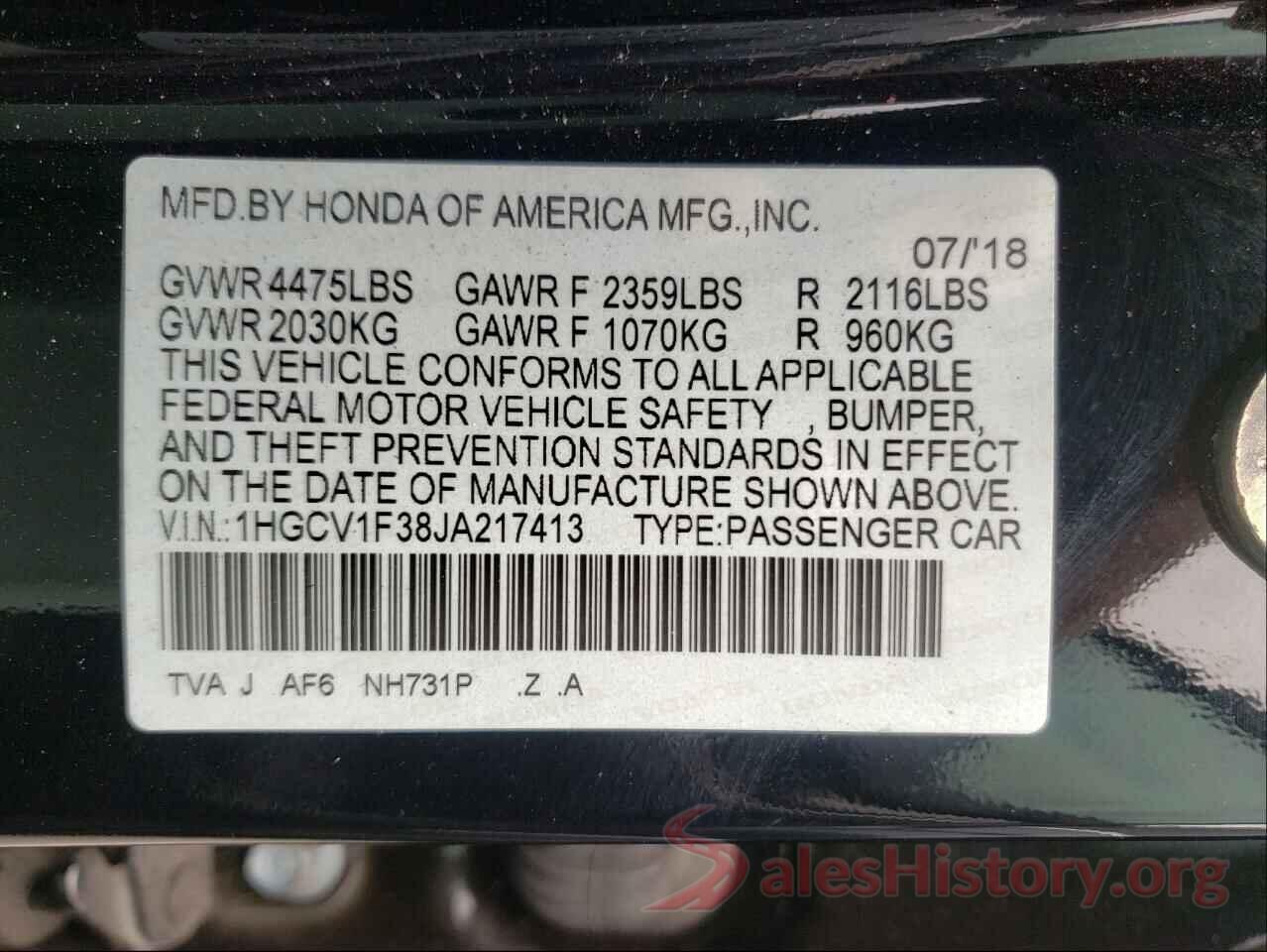 1HGCV1F38JA217413 2018 HONDA ACCORD