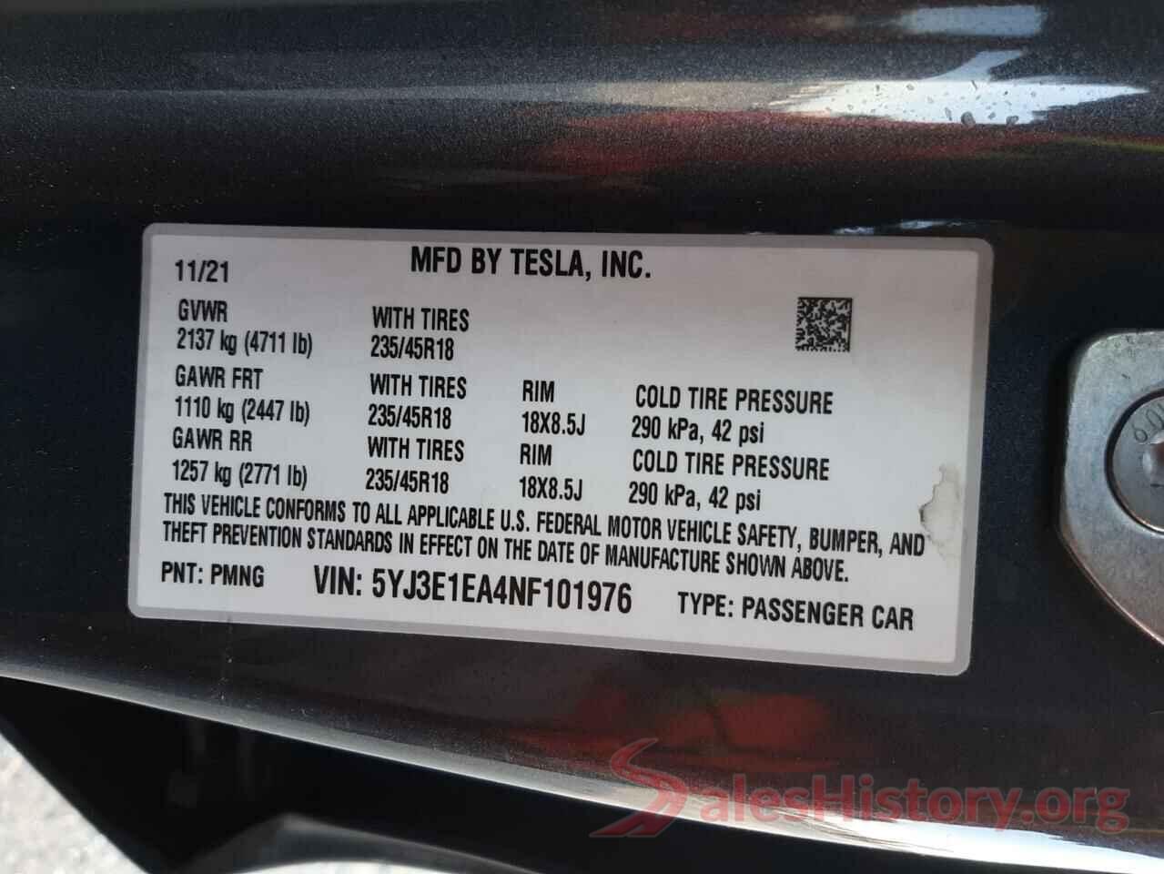 5YJ3E1EA4NF101976 2022 TESLA MODEL 3