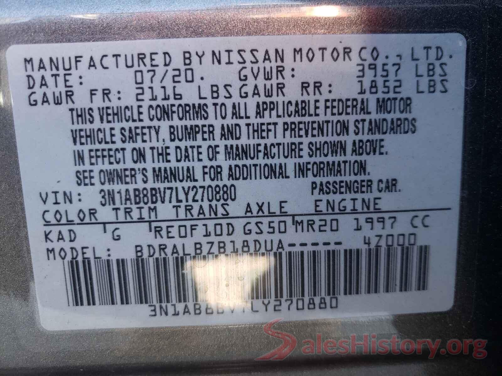 3N1AB8BV7LY270880 2020 NISSAN SENTRA