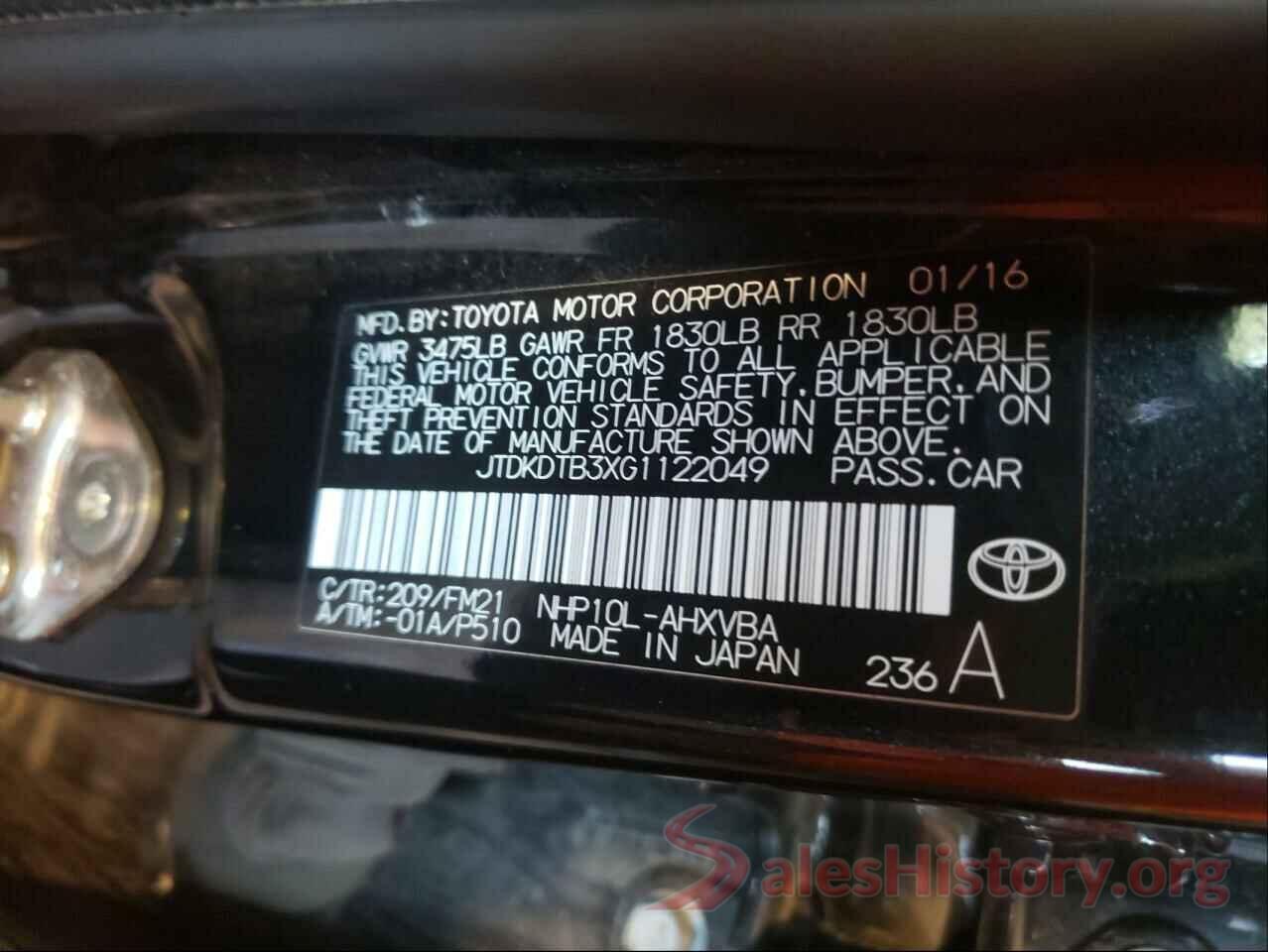 JTDKDTB3XG1122049 2016 TOYOTA PRIUS