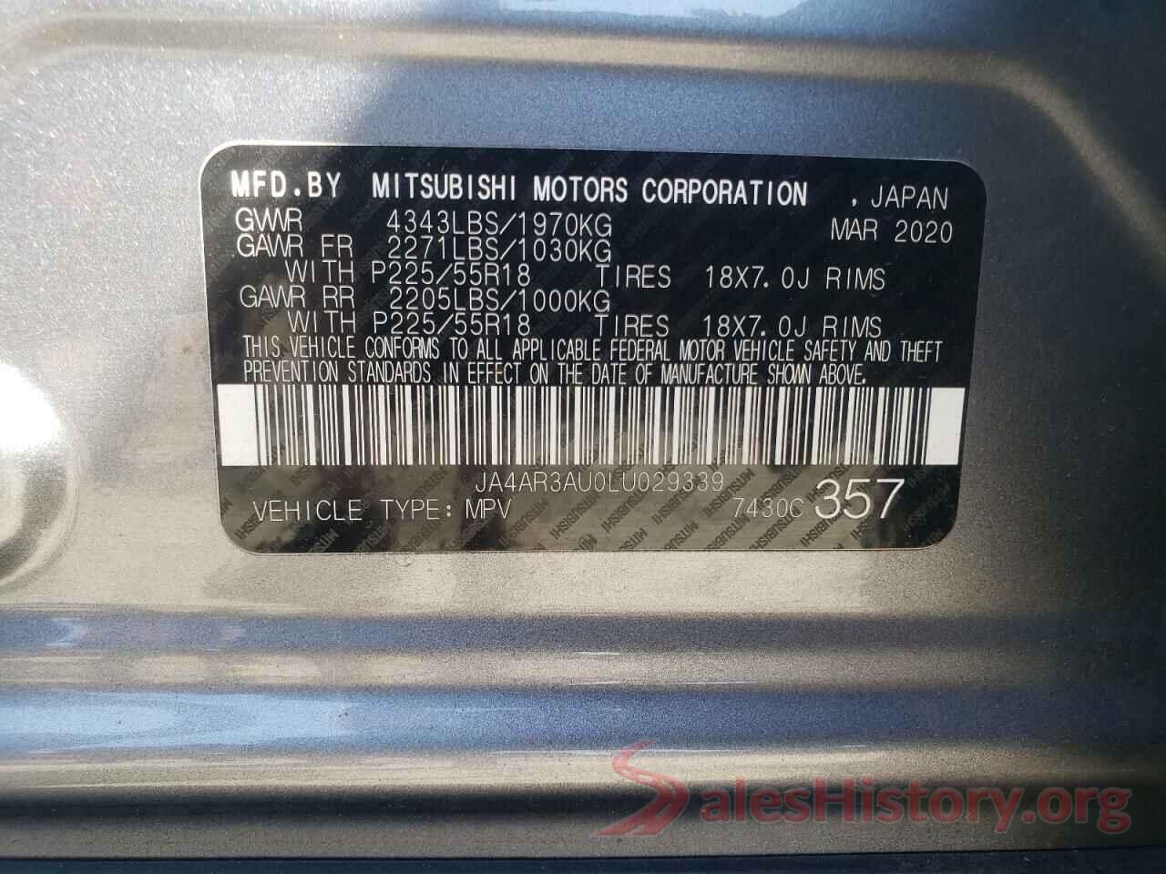 JA4AR3AU0LU029339 2020 MITSUBISHI OUTLANDER