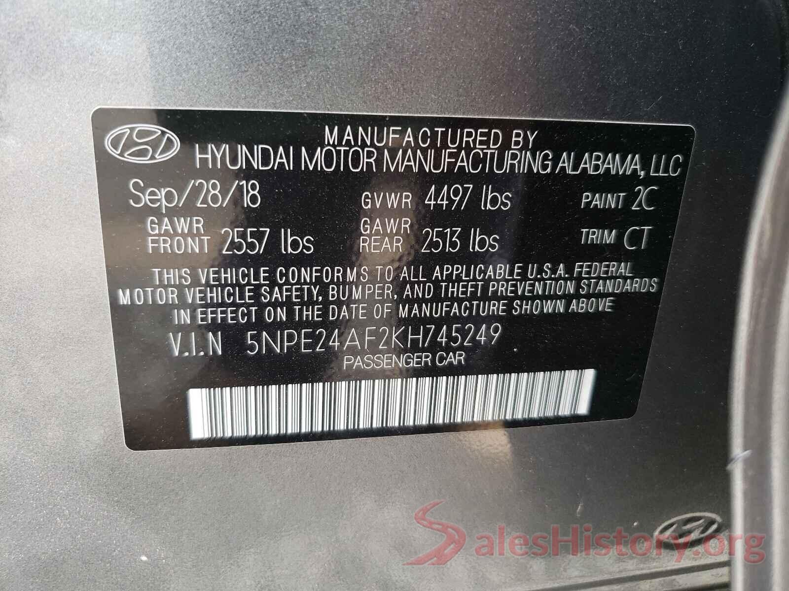 5NPE24AF2KH745249 2019 HYUNDAI SONATA