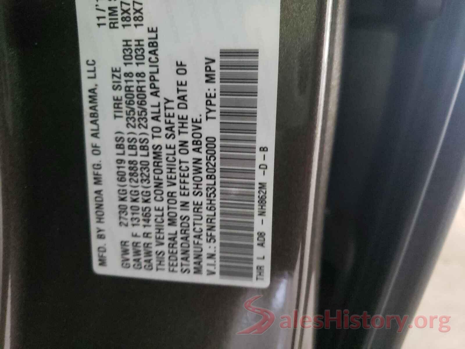 5FNRL6H53LB025000 2020 HONDA ODYSSEY