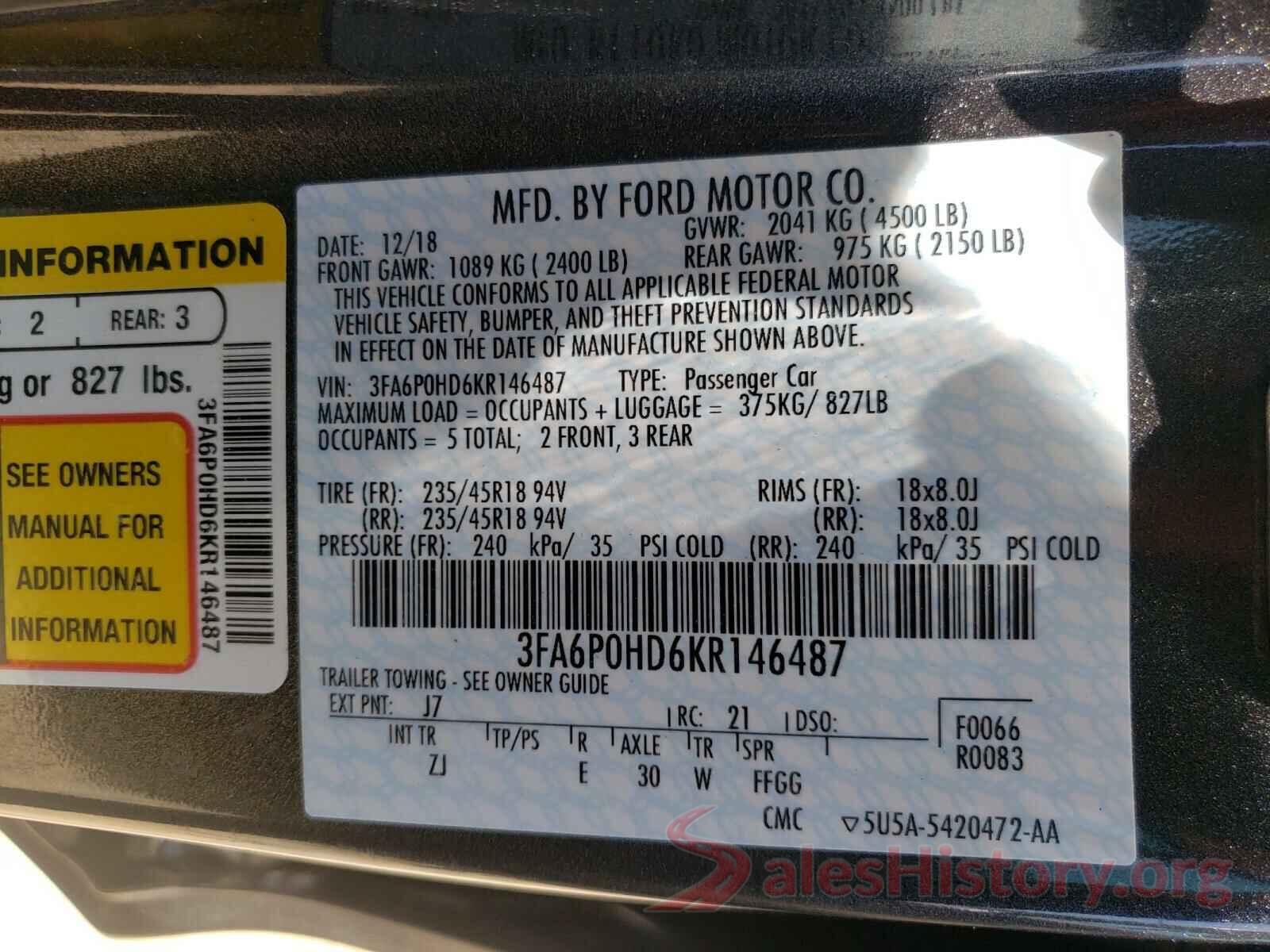 3FA6P0HD6KR146487 2019 FORD FUSION