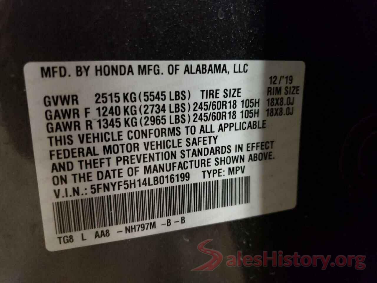 5FNYF5H14LB016199 2020 HONDA PILOT