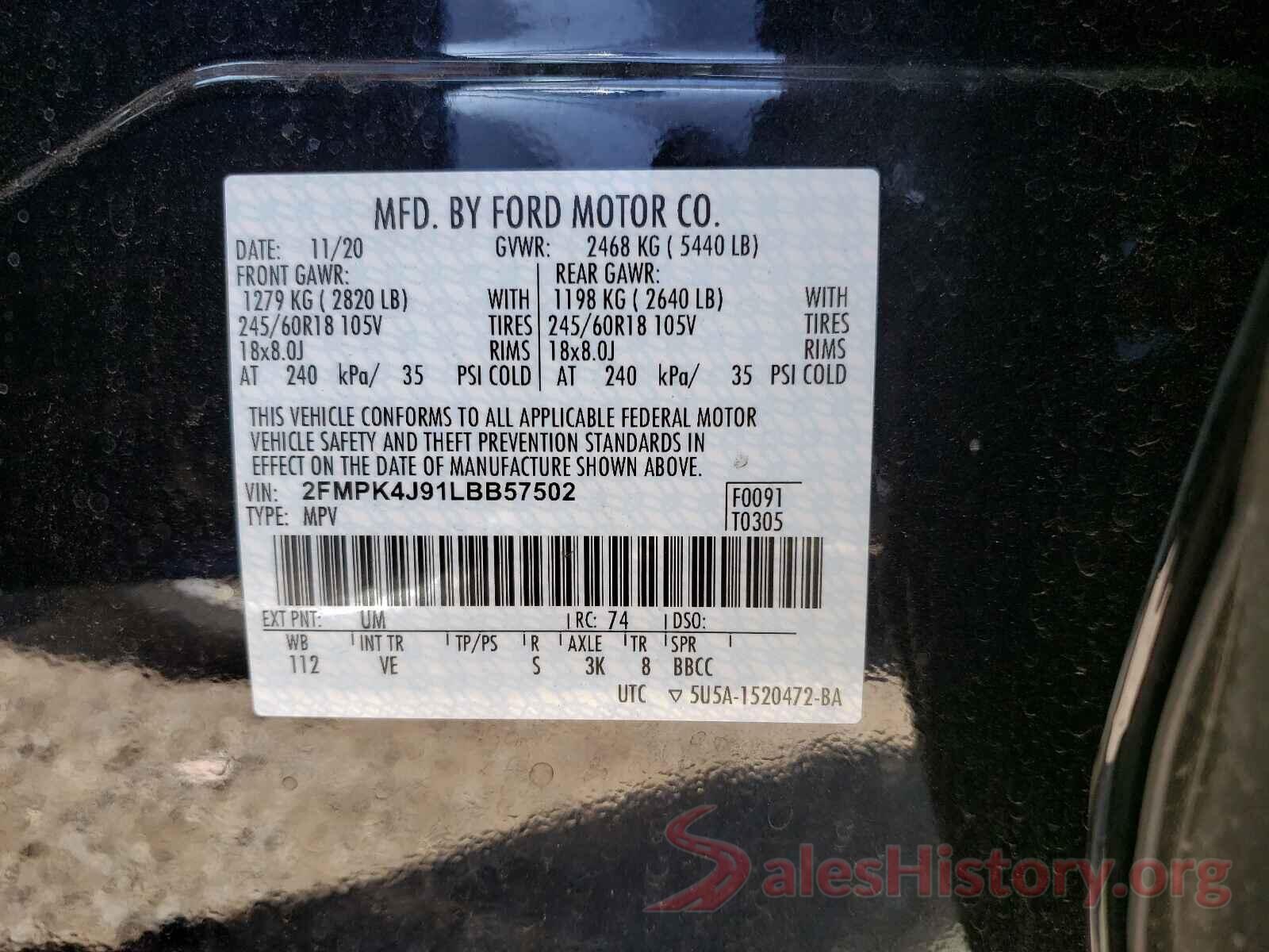 2FMPK4J91LBB57502 2020 FORD EDGE