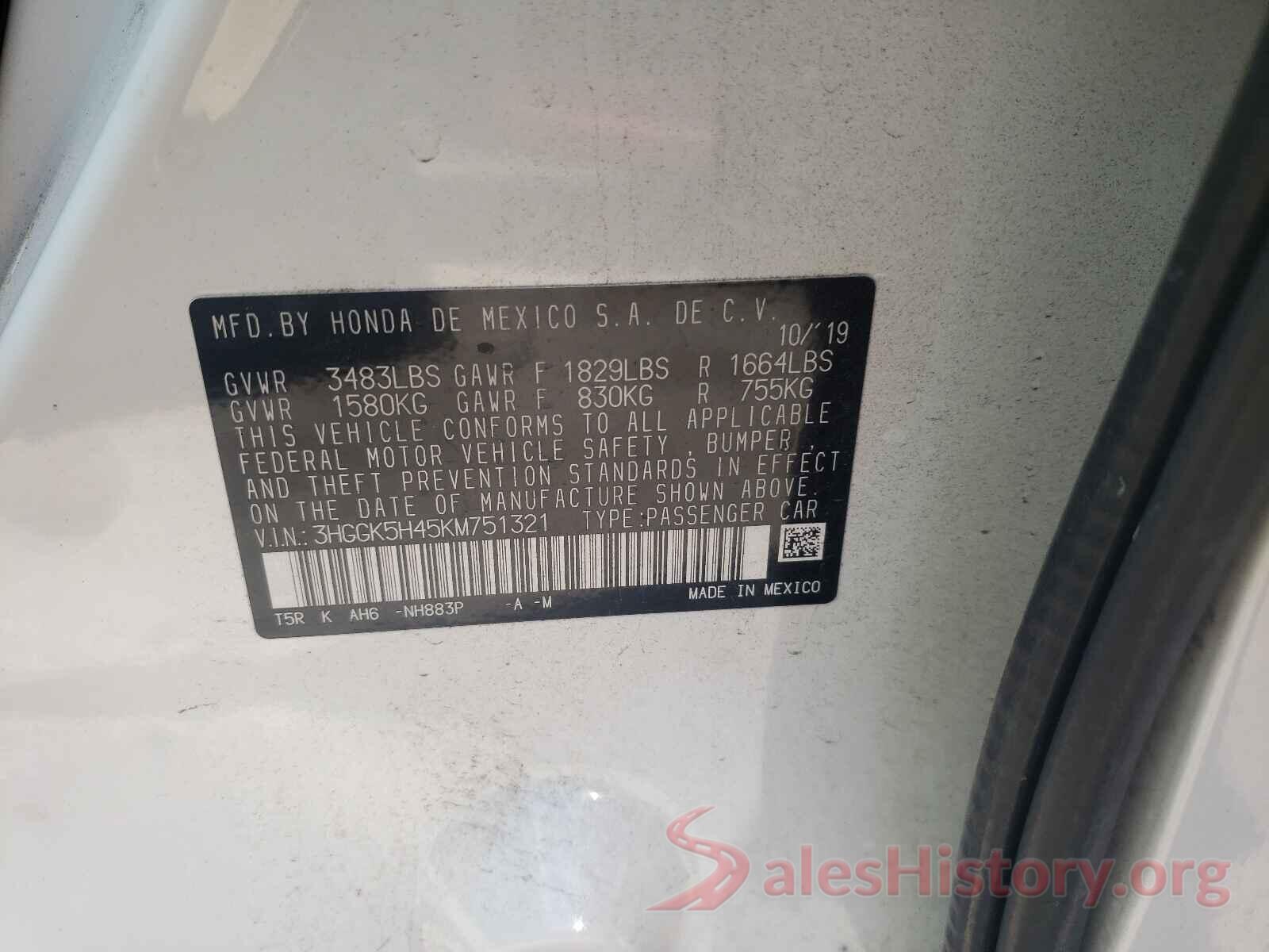 3HGGK5H45KM751321 2019 HONDA FIT