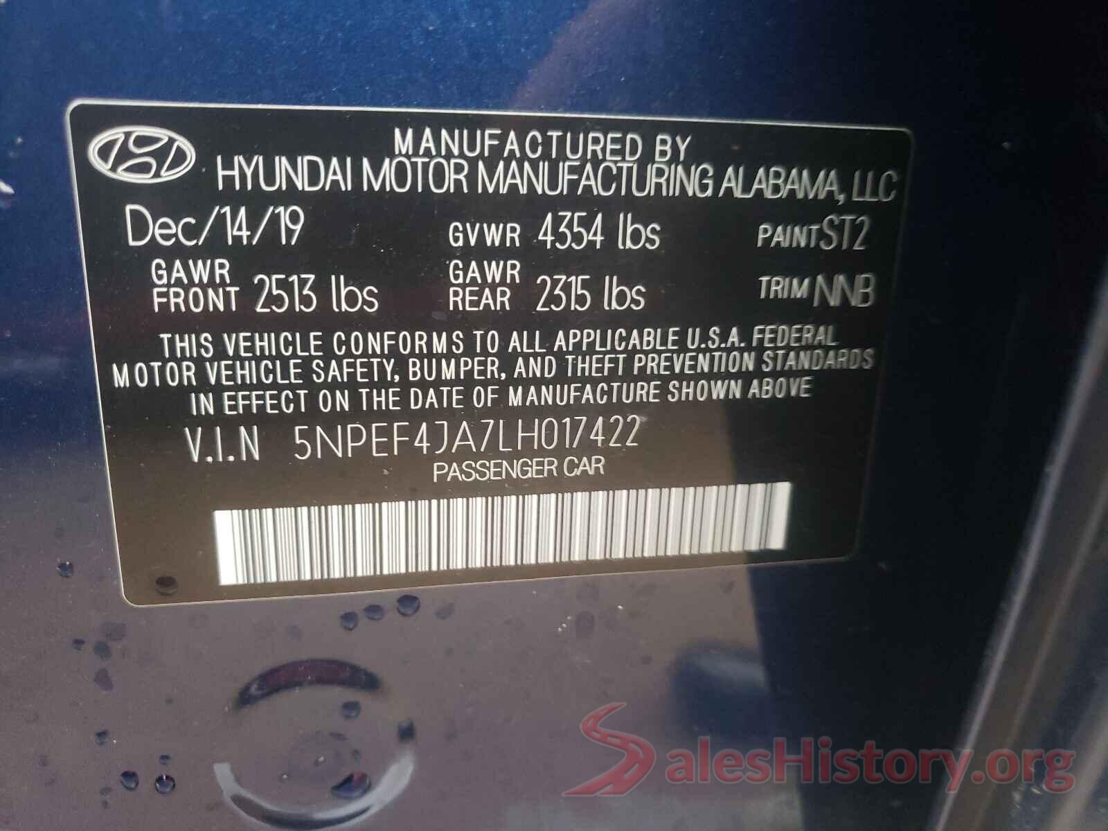 5NPEF4JA7LH017422 2020 HYUNDAI SONATA