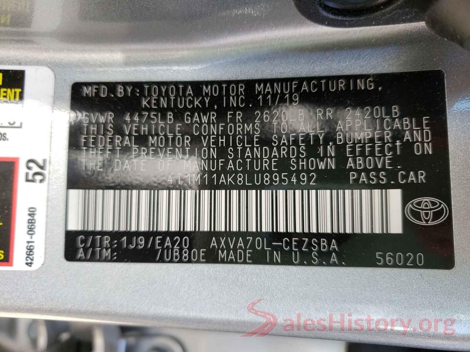 4T1M11AK8LU895492 2020 TOYOTA CAMRY