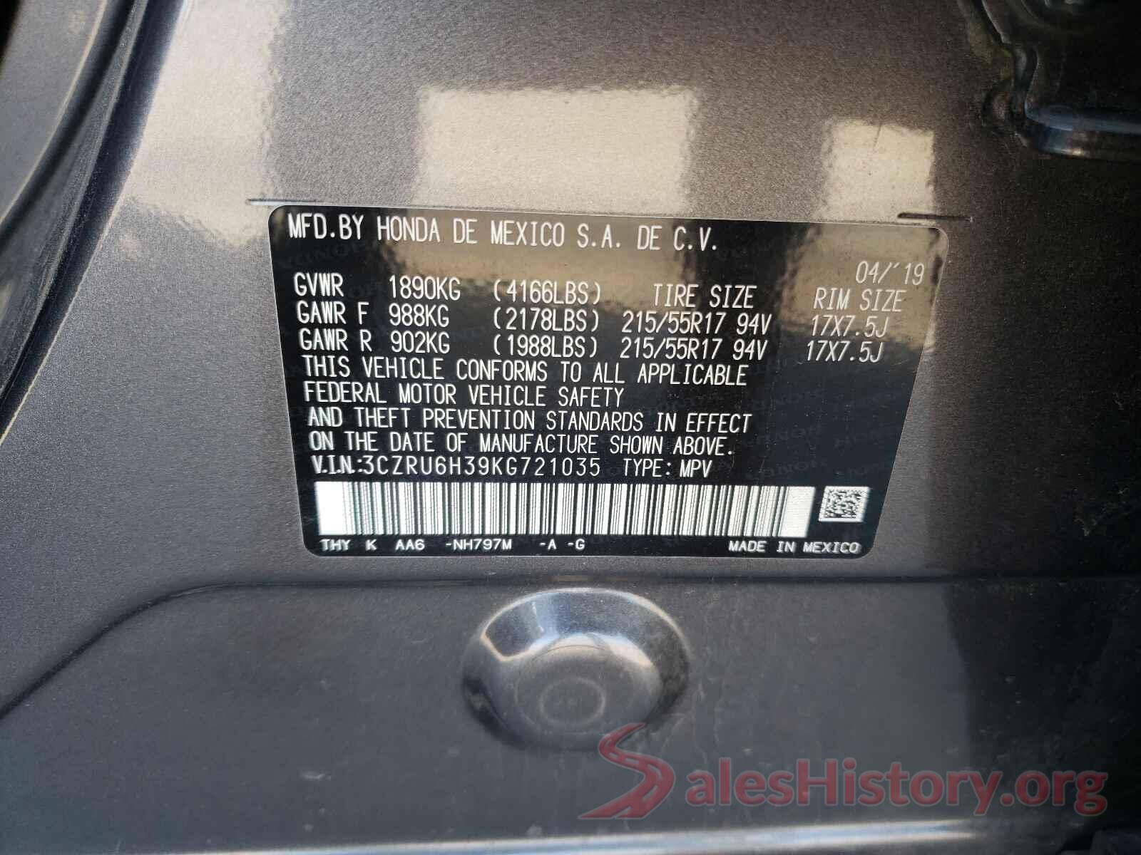 3CZRU6H39KG721035 2019 HONDA HR-V