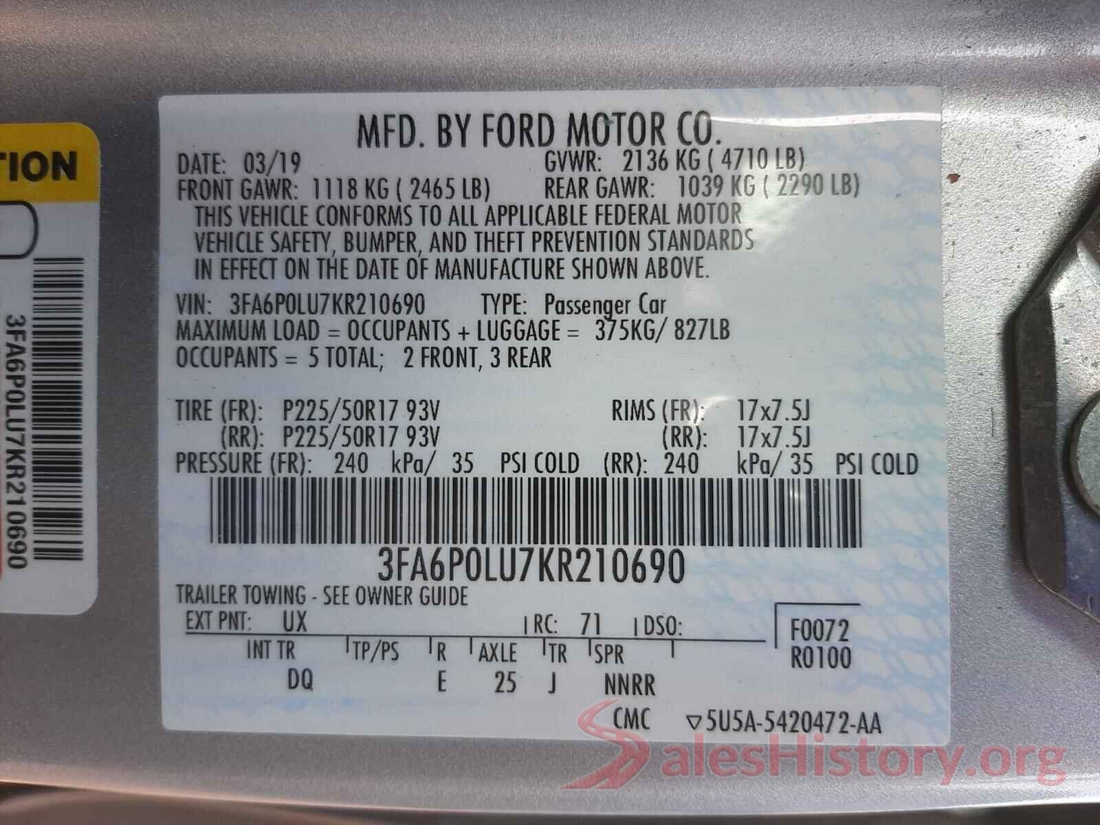 3FA6P0LU7KR210690 2019 FORD FUSION