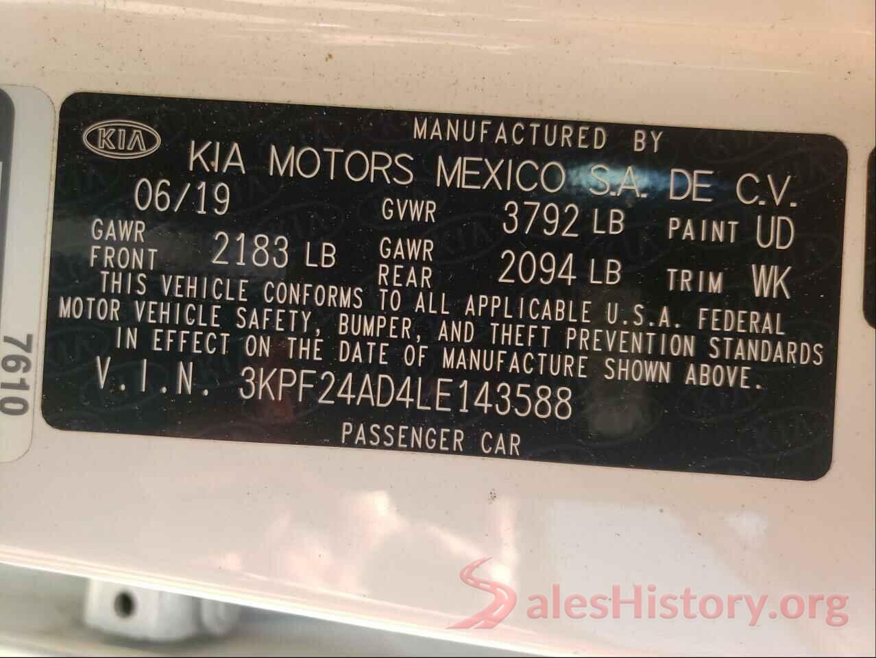 3KPF24AD4LE143588 2020 KIA FORTE