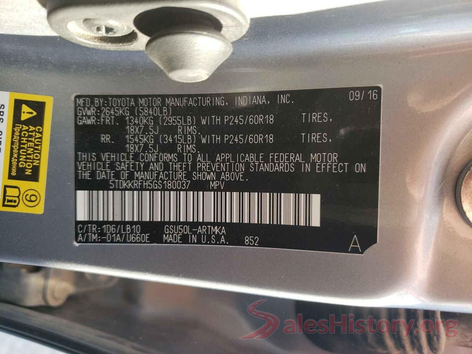 5TDKKRFH5GS180037 2016 TOYOTA HIGHLANDER