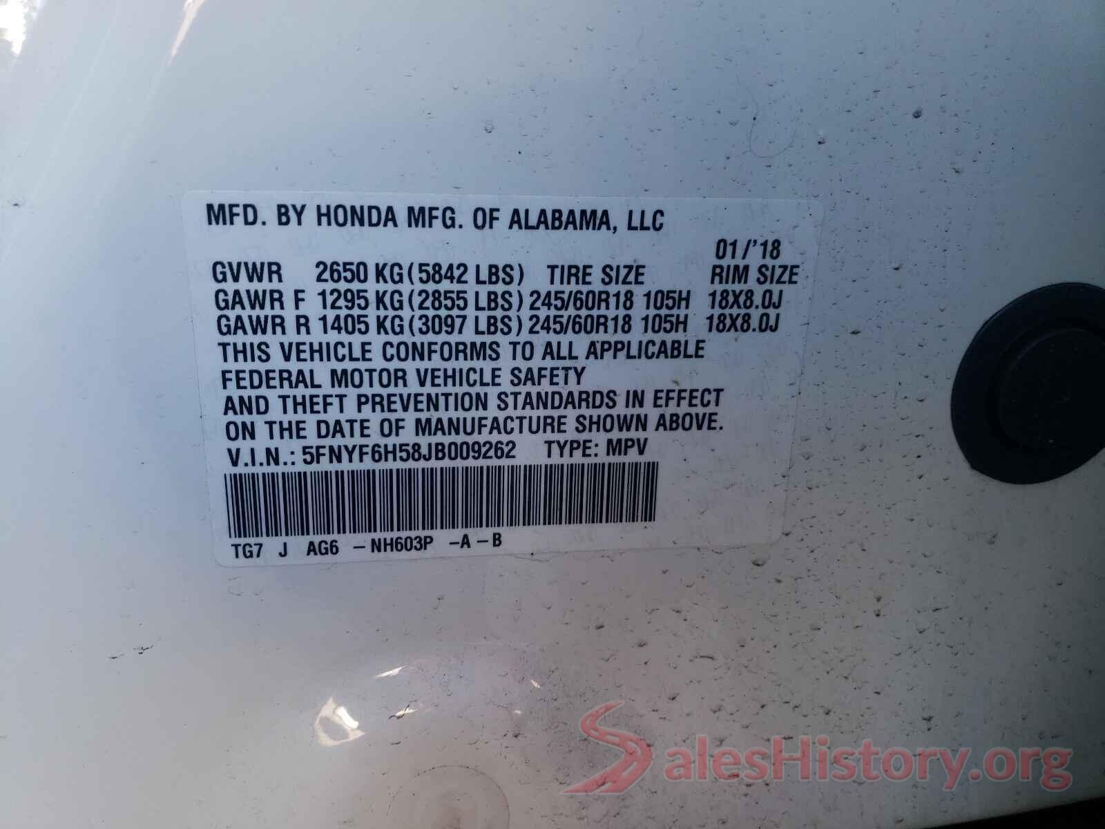 5FNYF6H58JB009262 2018 HONDA PILOT