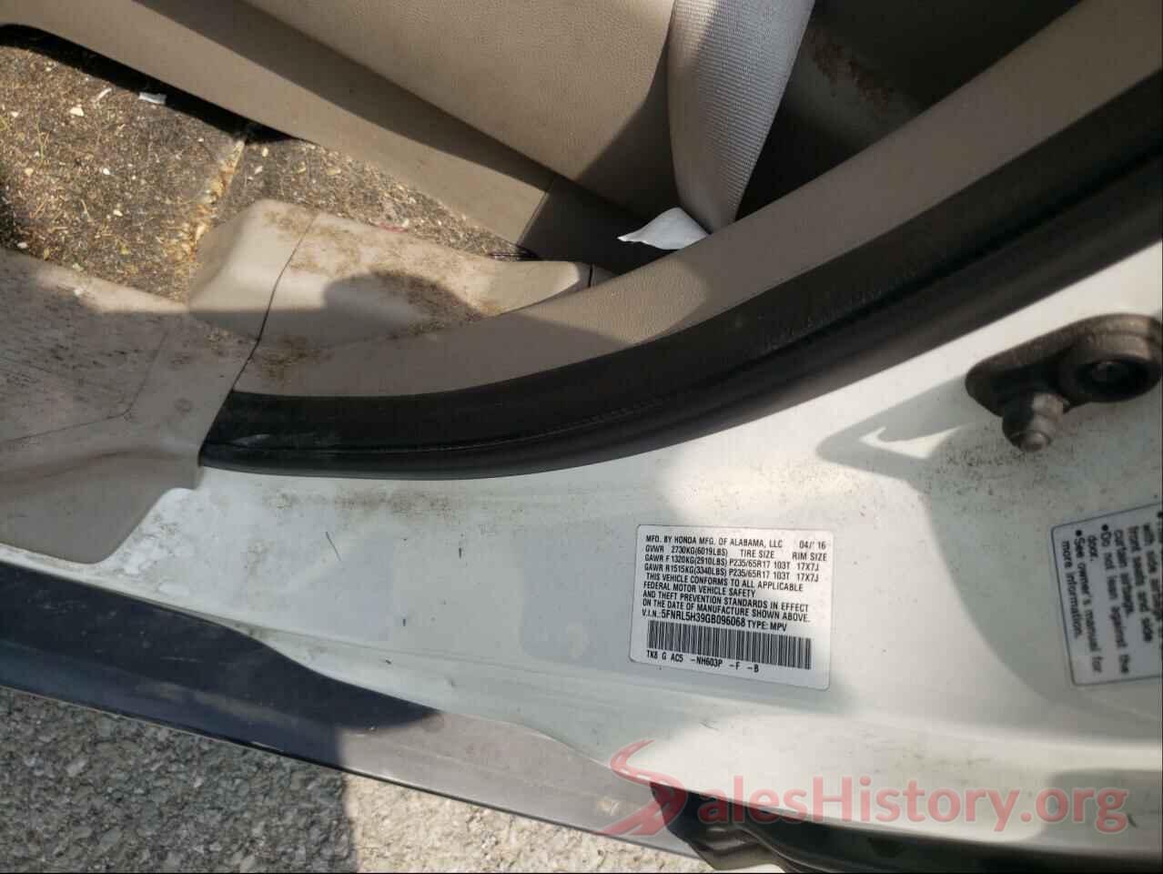 5FNRL5H39GB096068 2016 HONDA ODYSSEY