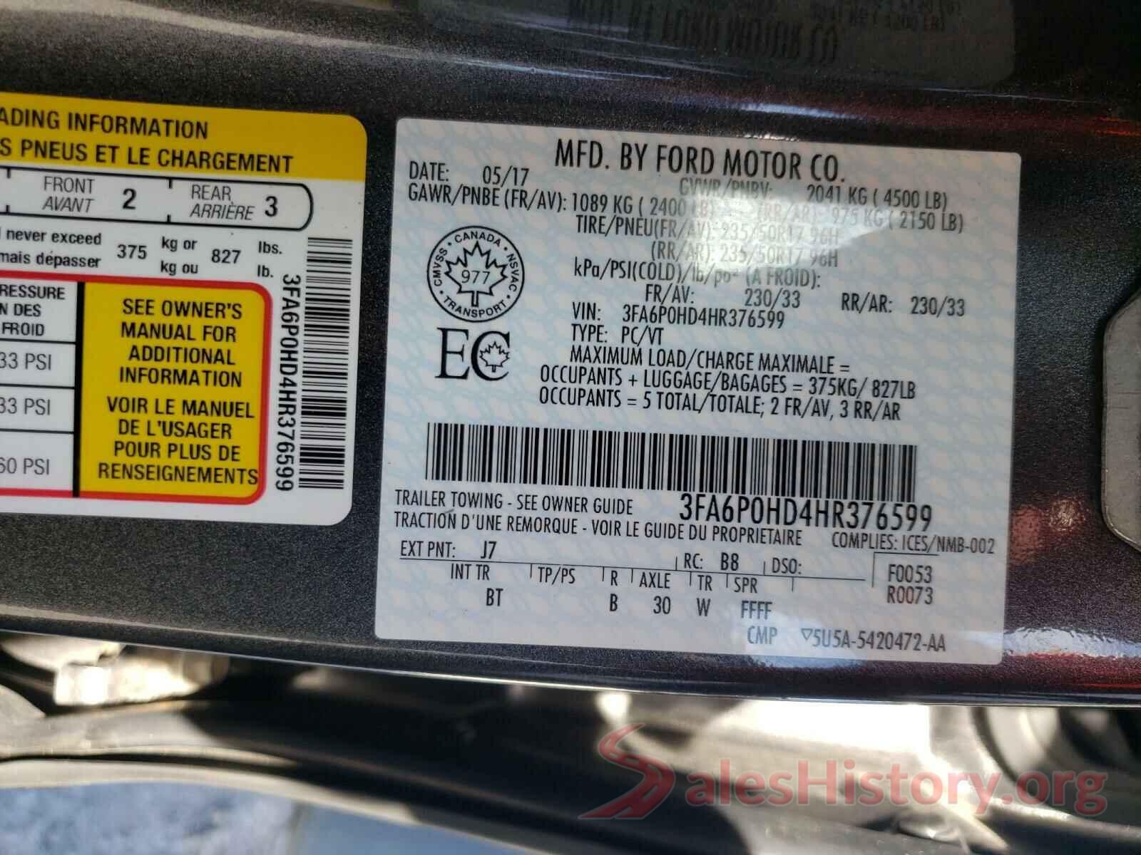 3FA6P0HD4HR376599 2017 FORD FUSION