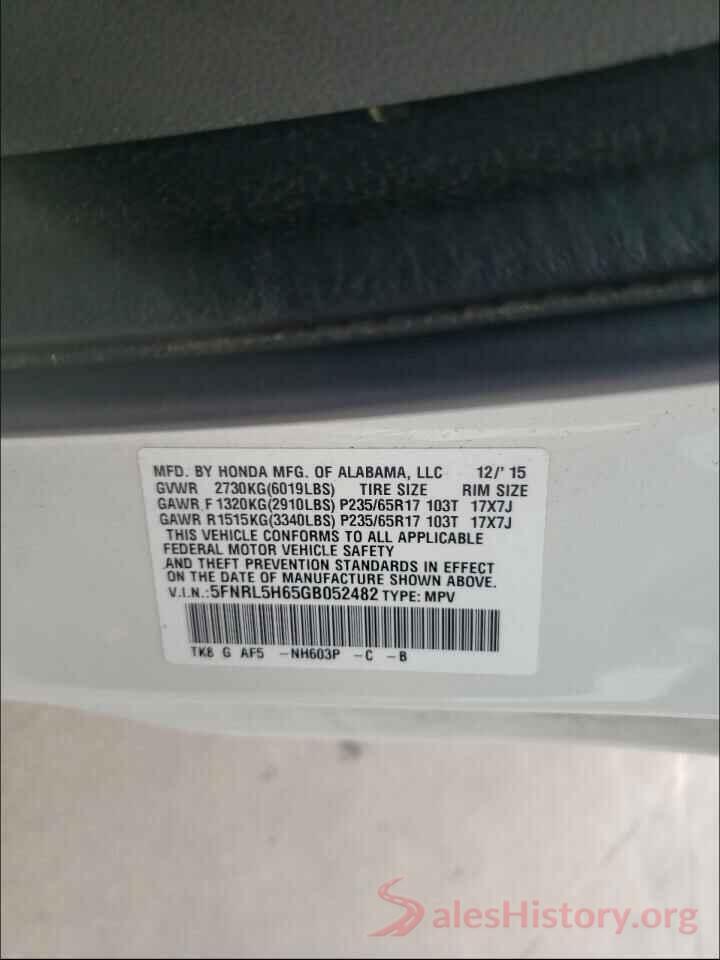 5FNRL5H65GB052482 2016 HONDA ODYSSEY