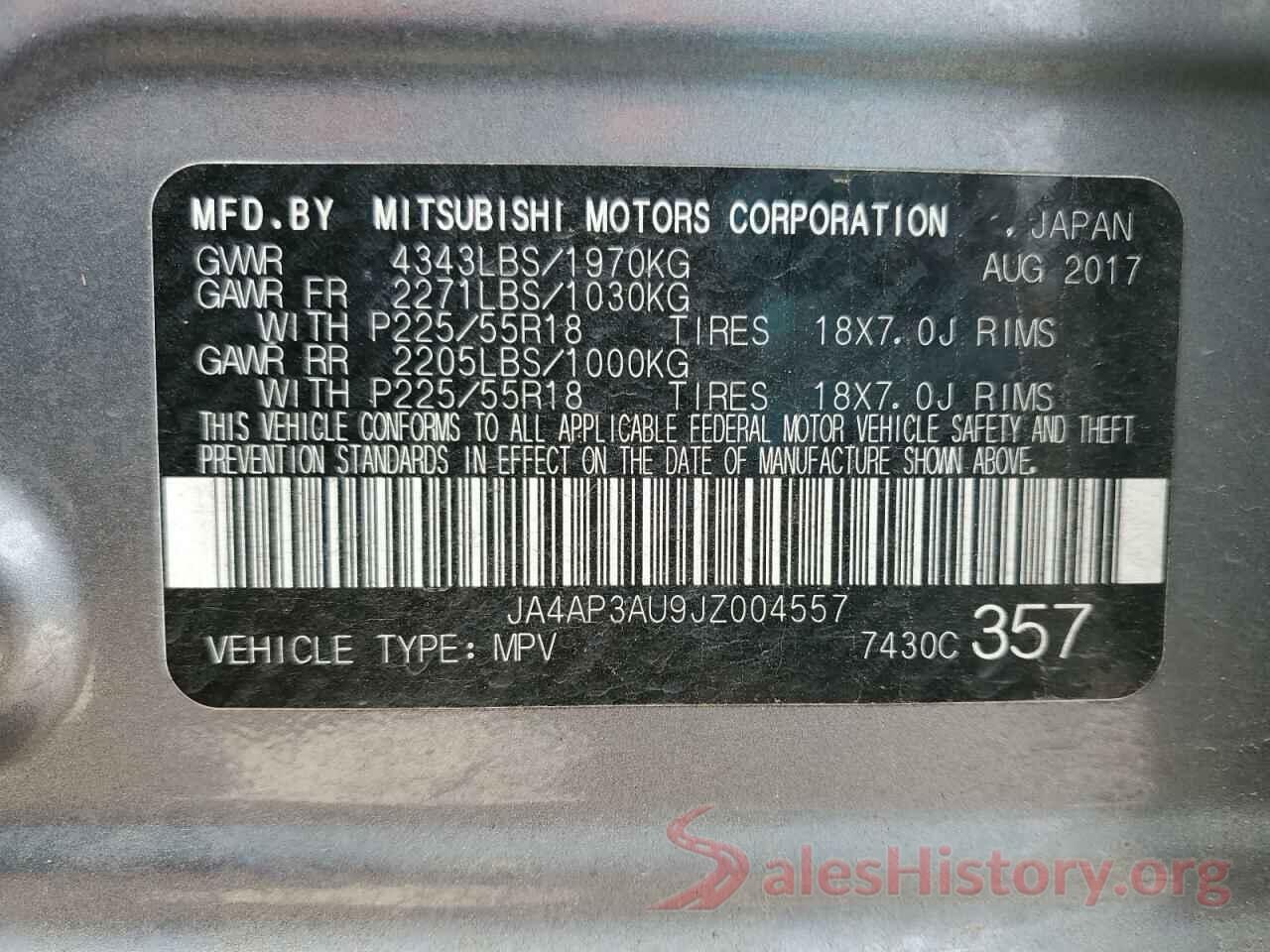 JA4AP3AU9JZ004557 2018 MITSUBISHI OUTLANDER