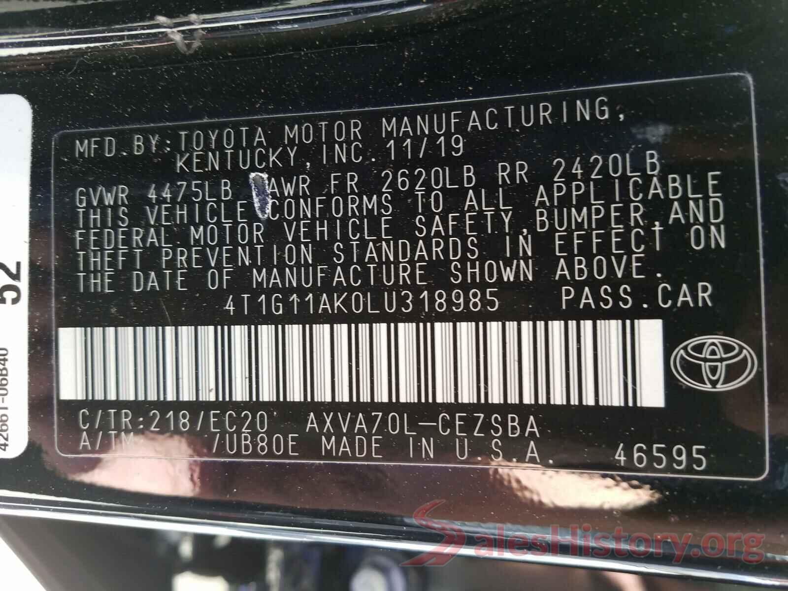 4T1G11AK0LU318985 2020 TOYOTA CAMRY